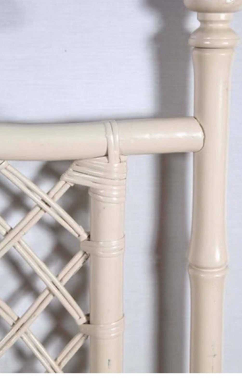 1970s Ficks Reed Pagoda Rattan Chippendale White Faux Bamboo Twin Headboard