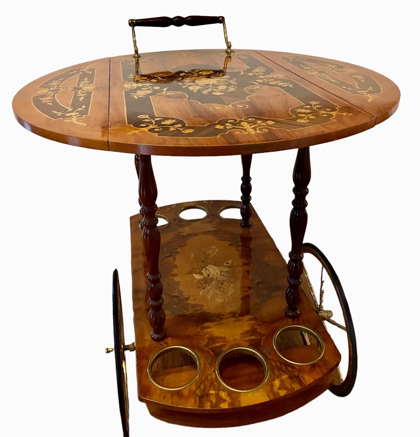 Vintage Italian Brass Marquetry Bar Cart Hollywood Regency Bar cart Mid 20th Century Dessert Cart