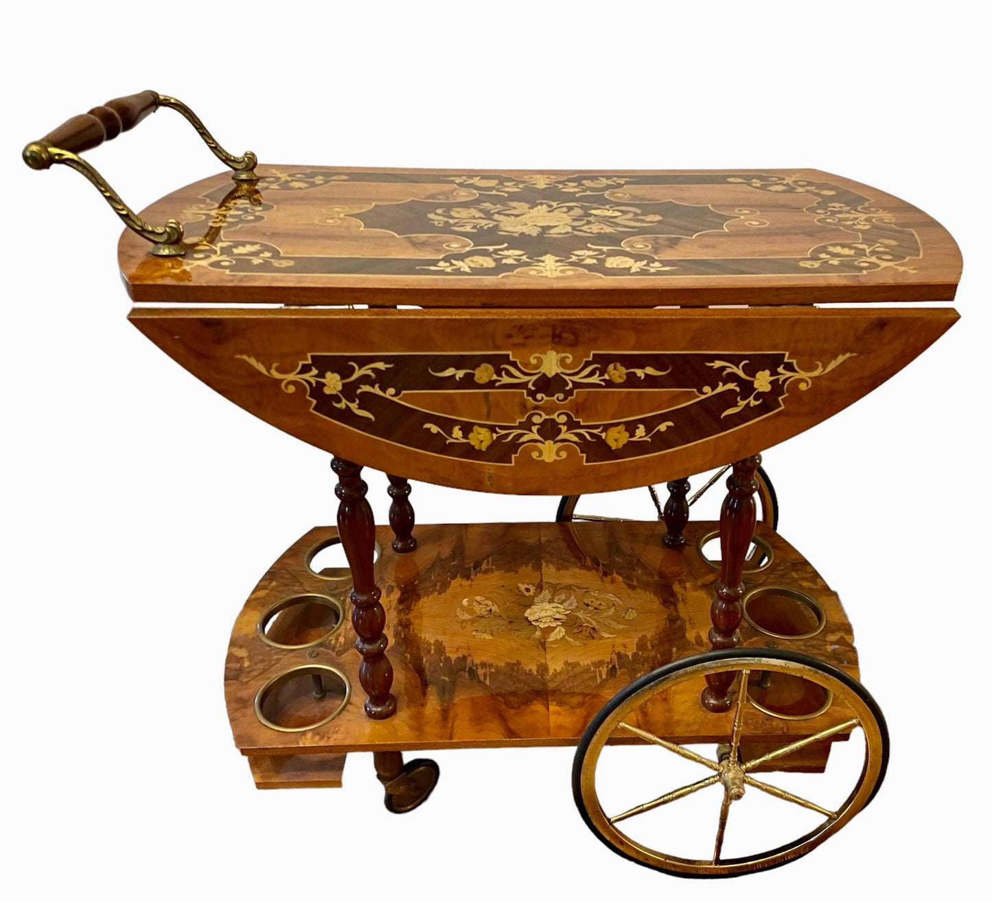 Vintage Italian Brass Marquetry Bar Cart Hollywood Regency Bar cart Mid 20th Century Dessert Cart