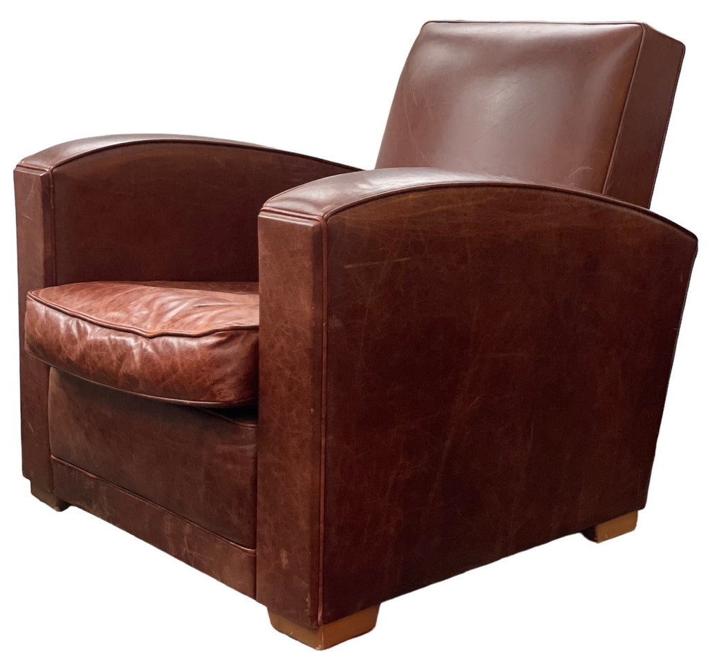 French Club Chairs — Leather Pair with Ottoman