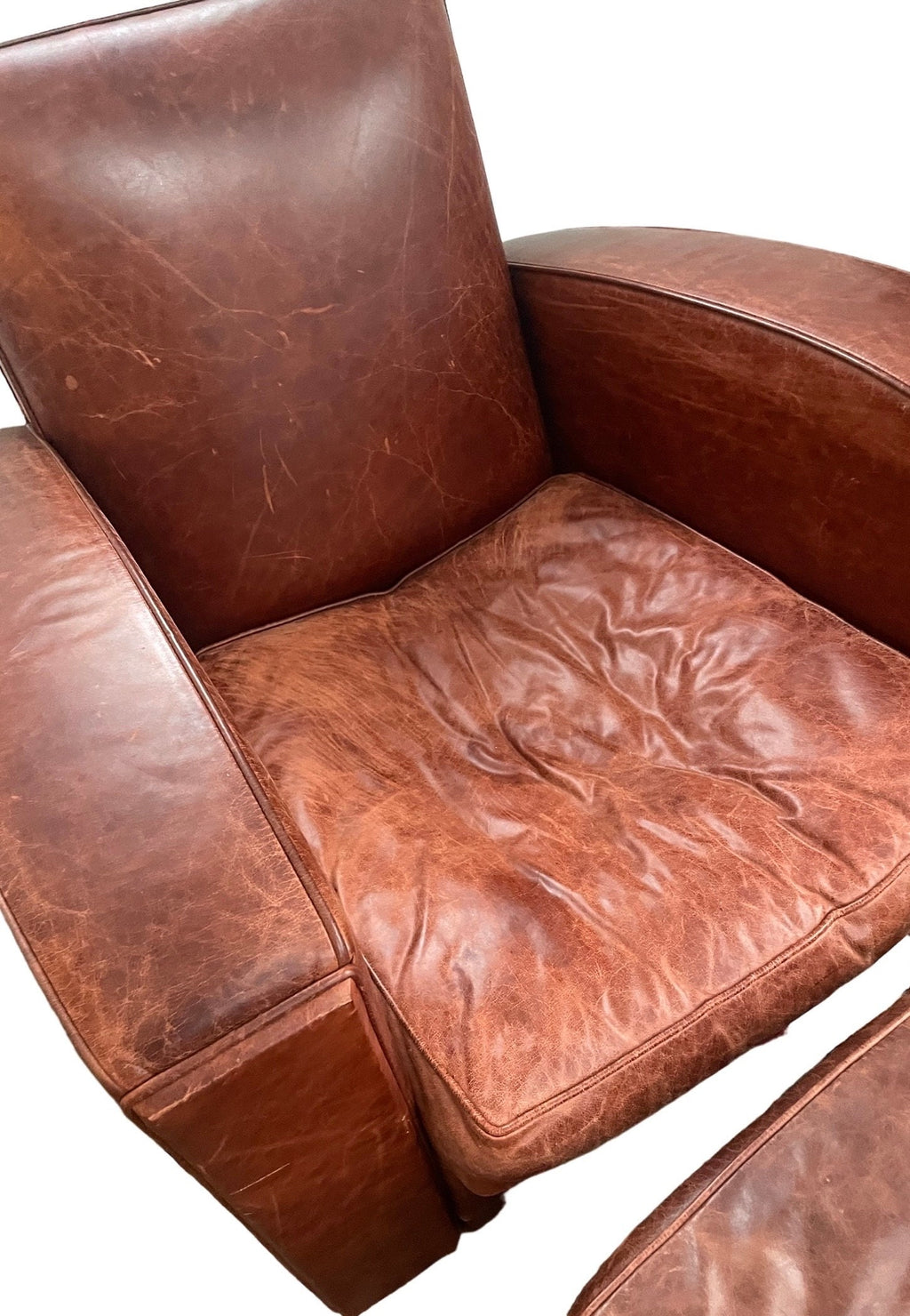 French Club Chairs — Leather Pair with Ottoman