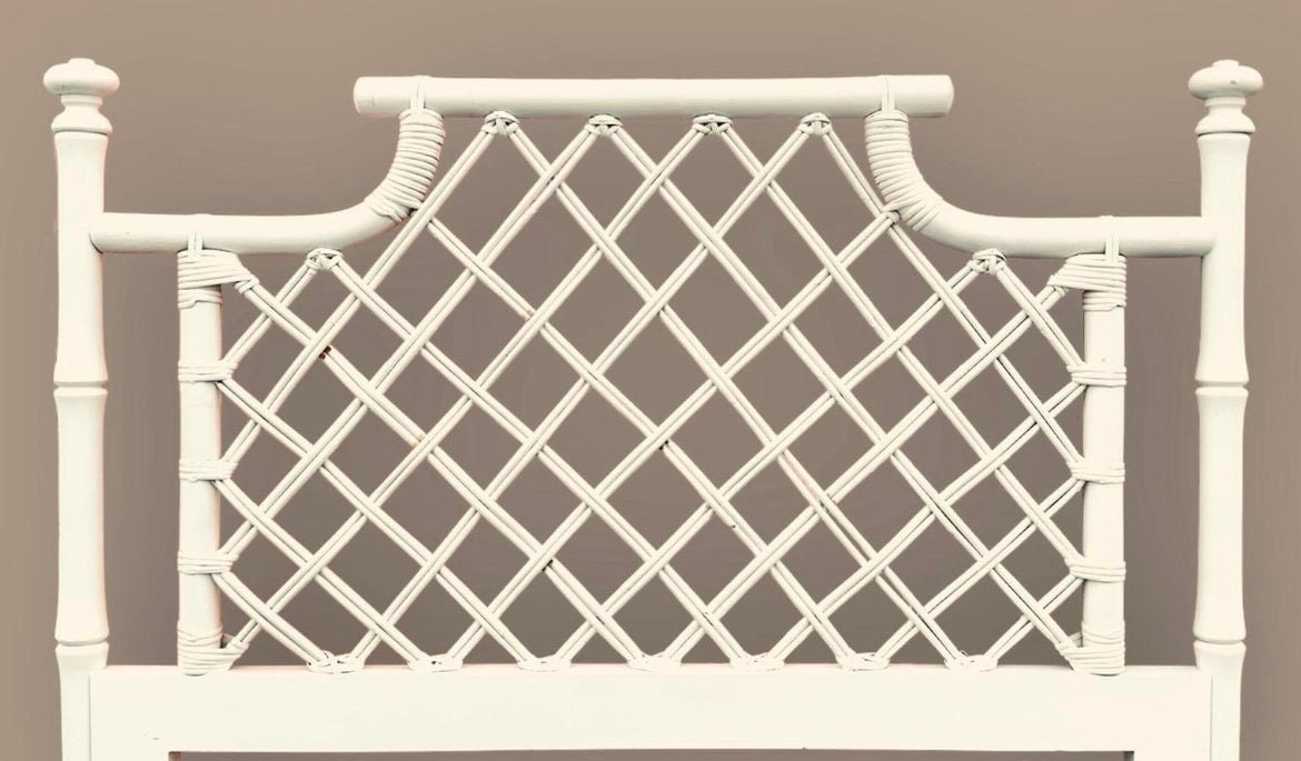 1970s Ficks Reed Pagoda Rattan Chippendale White Faux Bamboo Twin Headboard