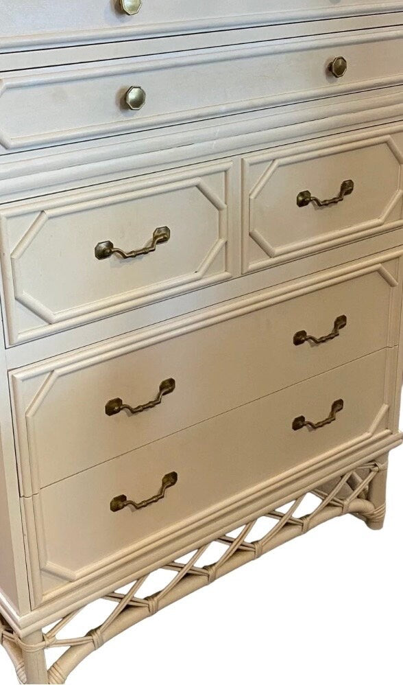 Ficks Reed Faux Bamboo Highboy Hollywood Regency Coastal Dresser Iconic Ficks Reed Style Lattice Trim White Dresser Bedroom Furniture