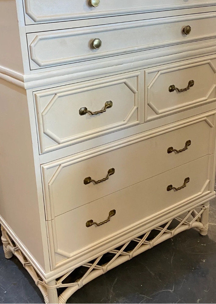 Ficks Reed Faux Bamboo Highboy Hollywood Regency Coastal Dresser Iconic Ficks Reed Style Lattice Trim White Dresser Bedroom Furniture