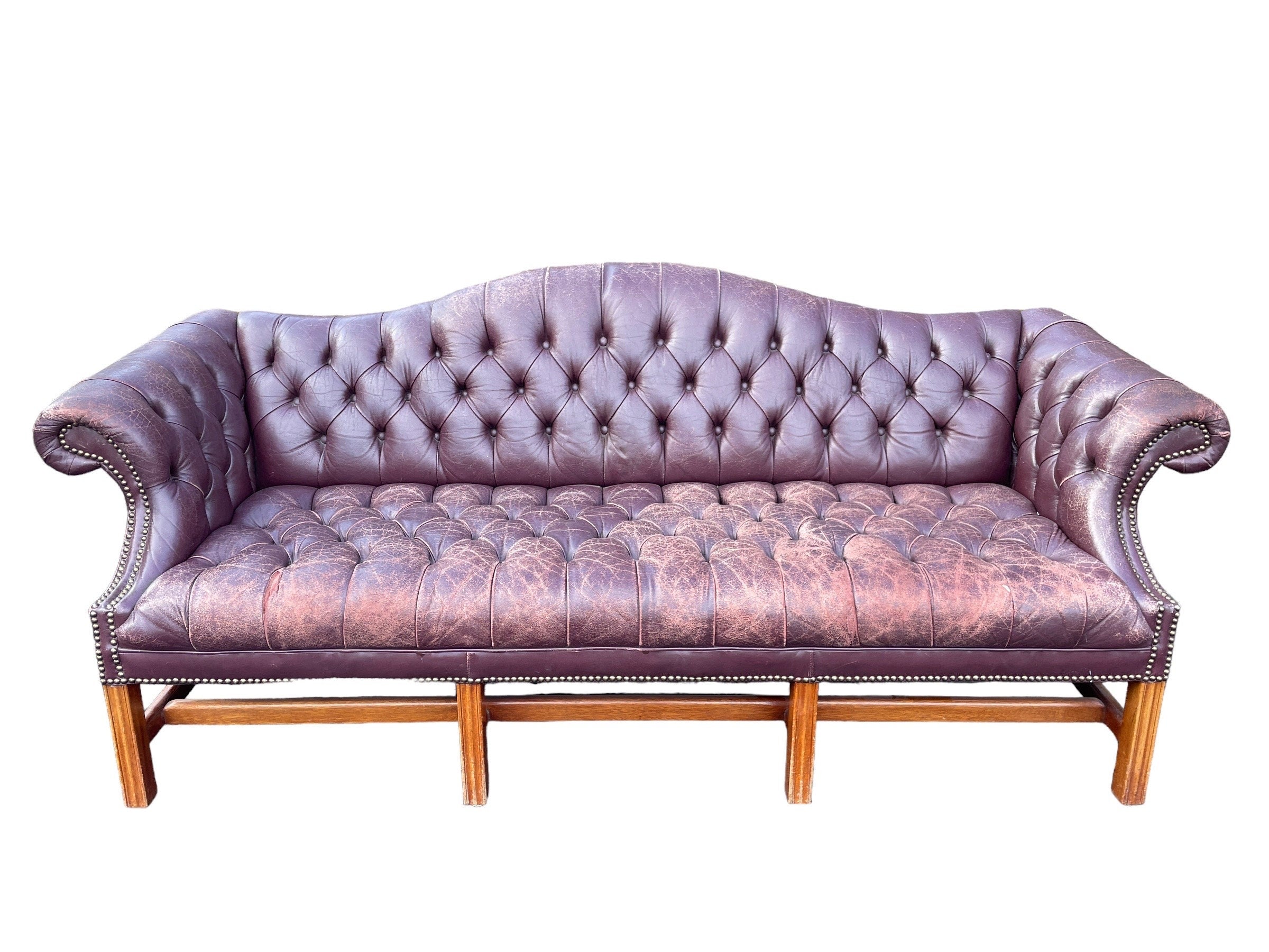 English Style Brown Leather Chesterfield Camelback Sofa with Brass Nailheads Distressed Vintage Leather Couch Sofa