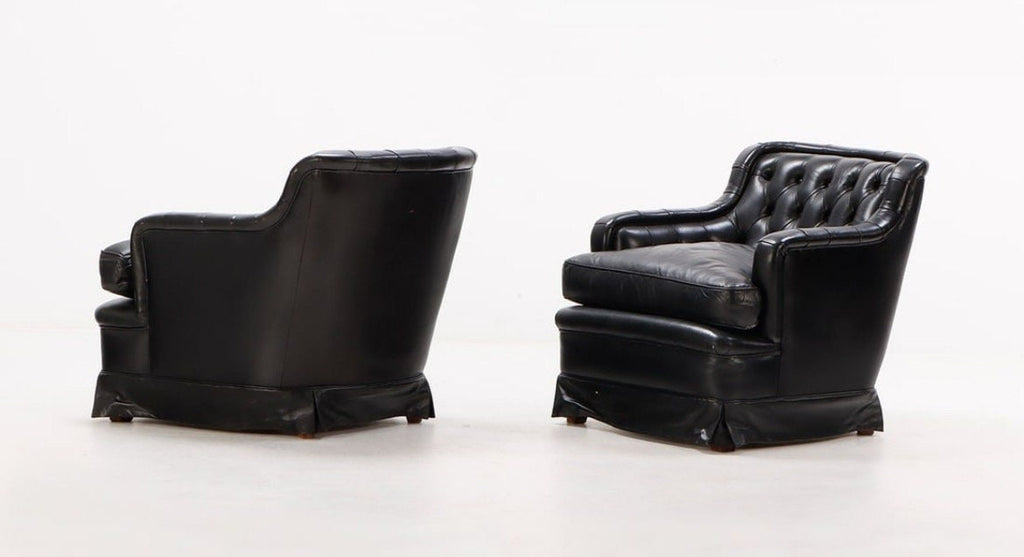 French Chesterfield — Leather Club Chairs, Pair