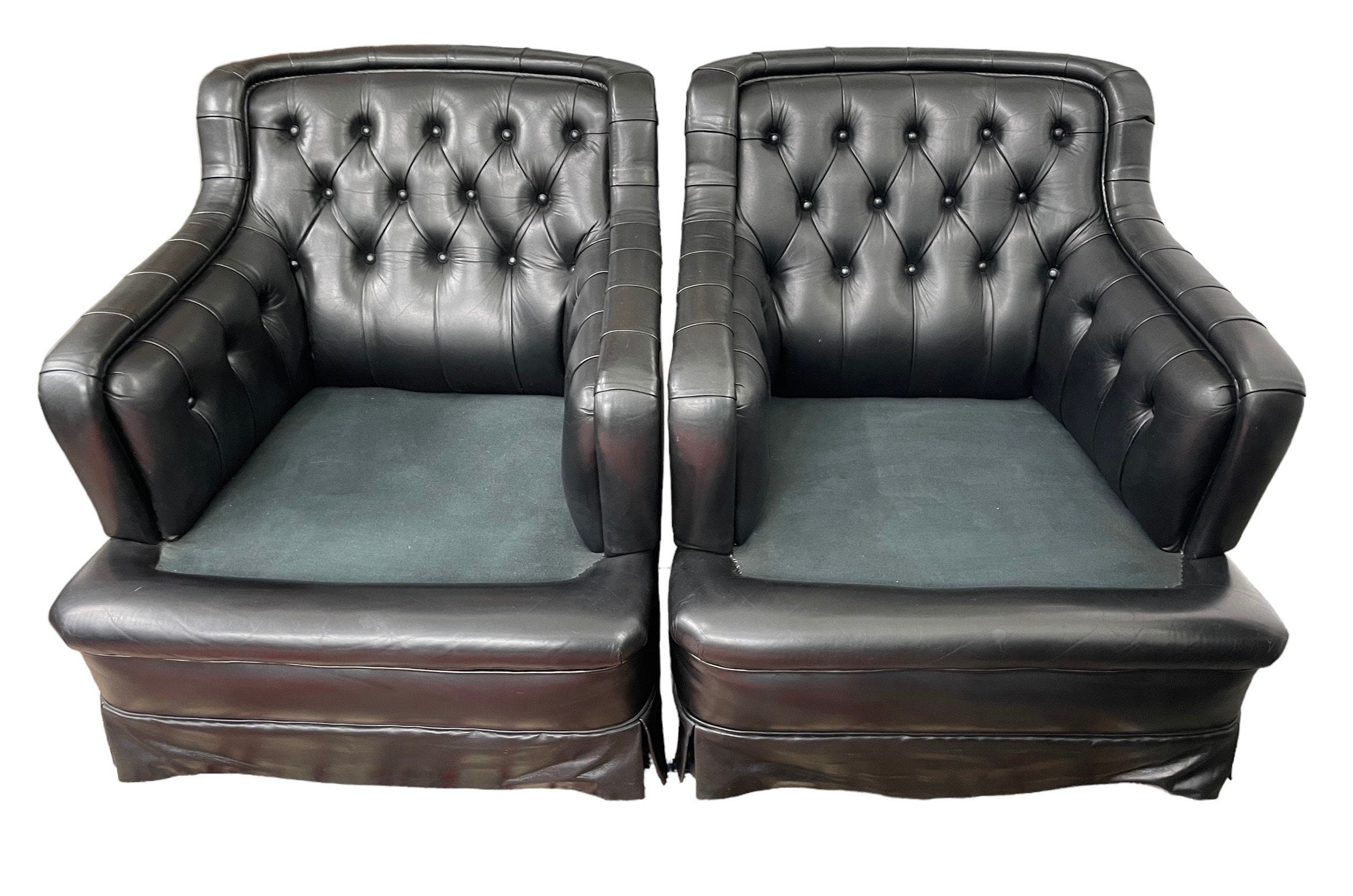 French Chesterfield — Leather Club Chairs, Pair