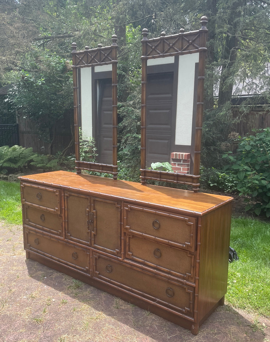 Drexel Faux Bamboo Dresser with Mirrors — view 1 | Wiltsie Crump
