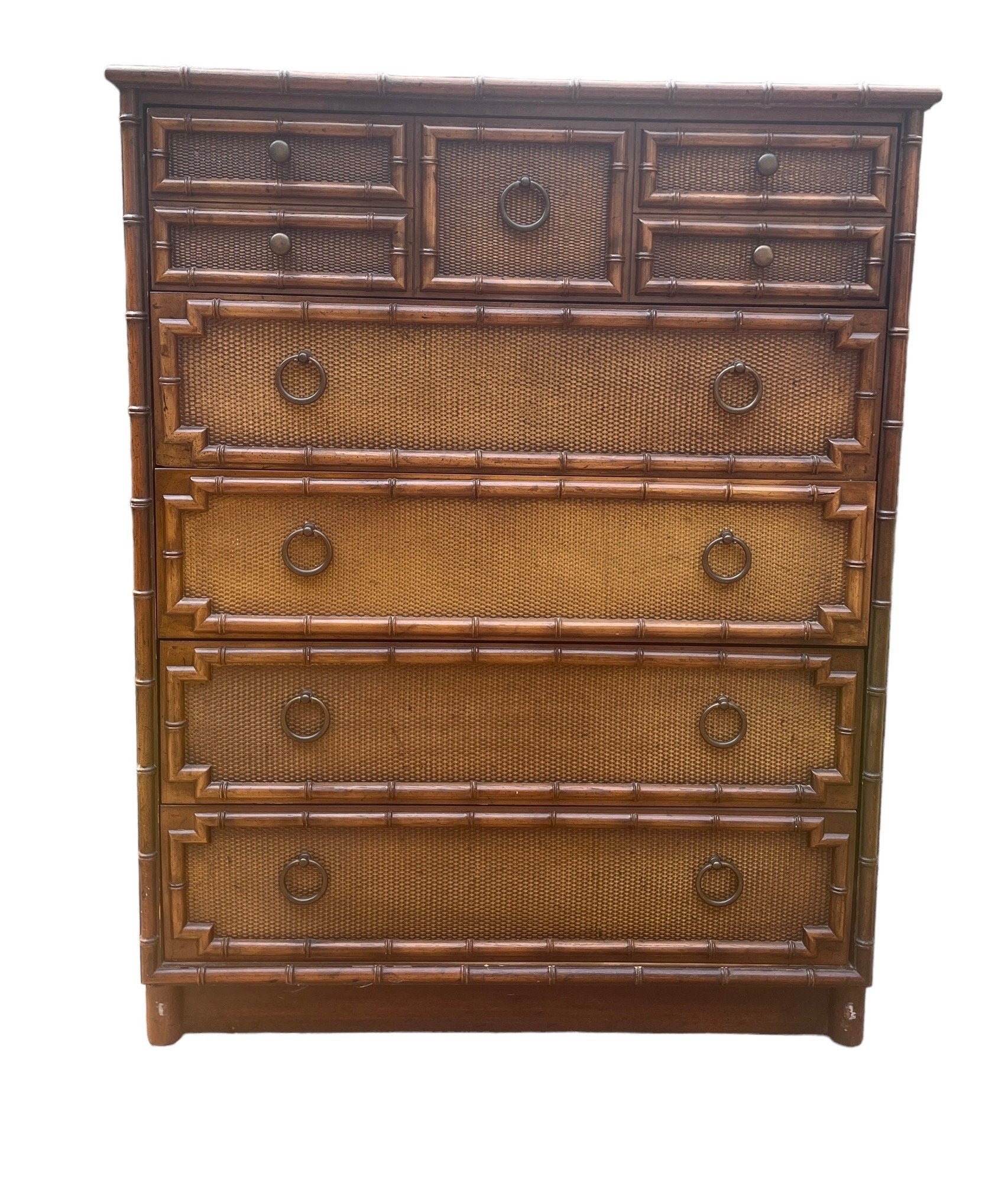 Faux Bamboo and Rattan Dresser by Drexel Bedroom Furniture Highboy Vintage Hollywood Regency Coastal Glamour