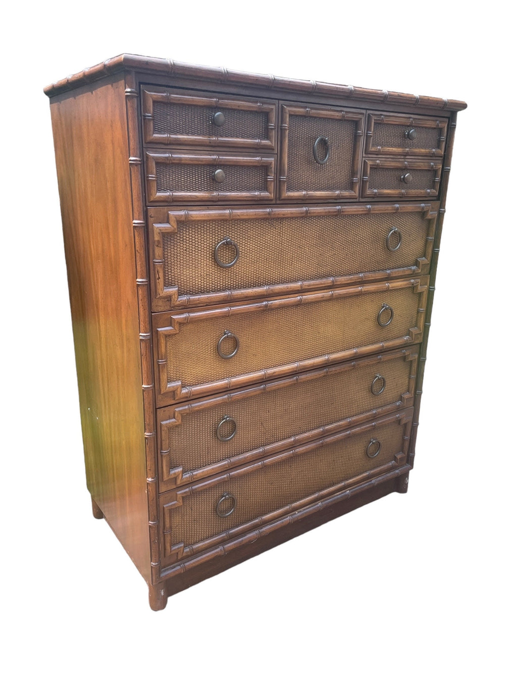 Faux Bamboo and Rattan Dresser by Drexel Bedroom Furniture Highboy Vintage Hollywood Regency Coastal Glamour