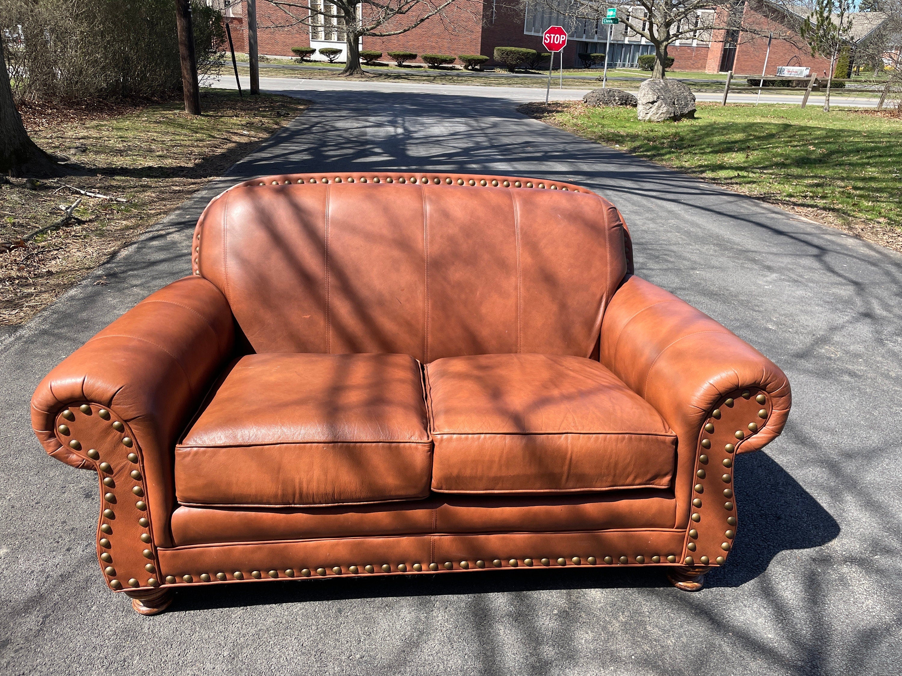 Temple — Vintage Leather Sofa, Nailhead Trim