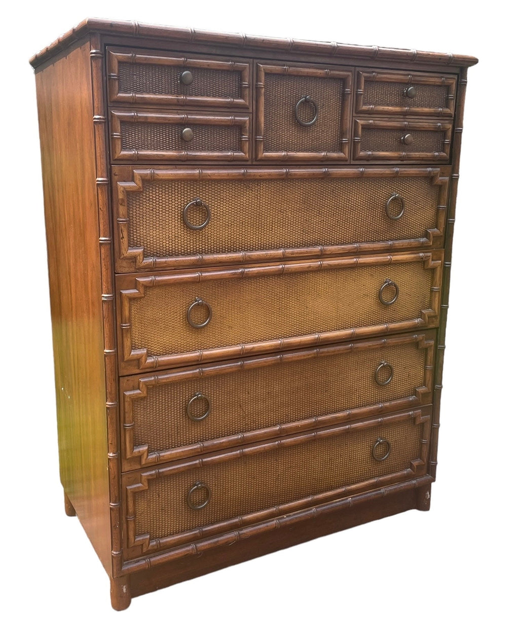 Faux Bamboo and Rattan Dresser by Drexel Bedroom Furniture Highboy Vintage Hollywood Regency Coastal Glamour