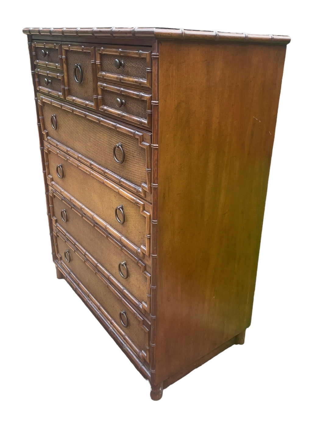 Faux Bamboo and Rattan Dresser by Drexel Bedroom Furniture Highboy Vintage Hollywood Regency Coastal Glamour