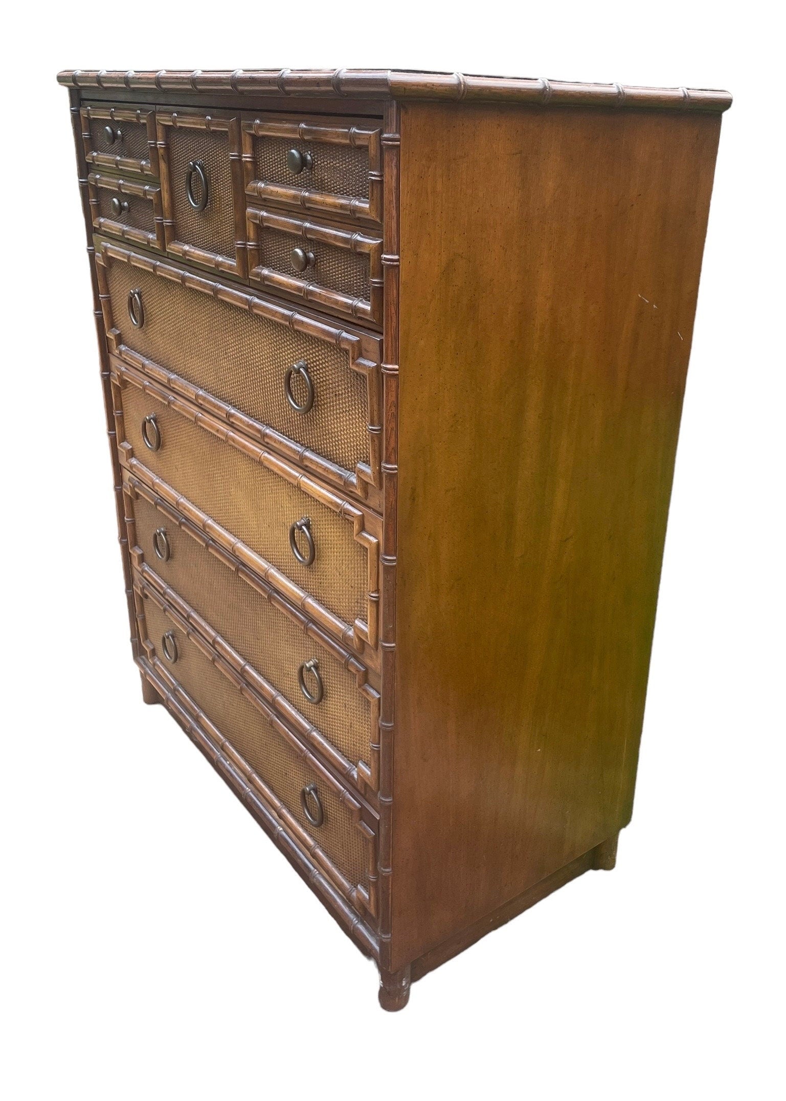Faux Bamboo and Rattan Dresser by Drexel Bedroom Furniture Highboy Vintage Hollywood Regency Coastal Glamour