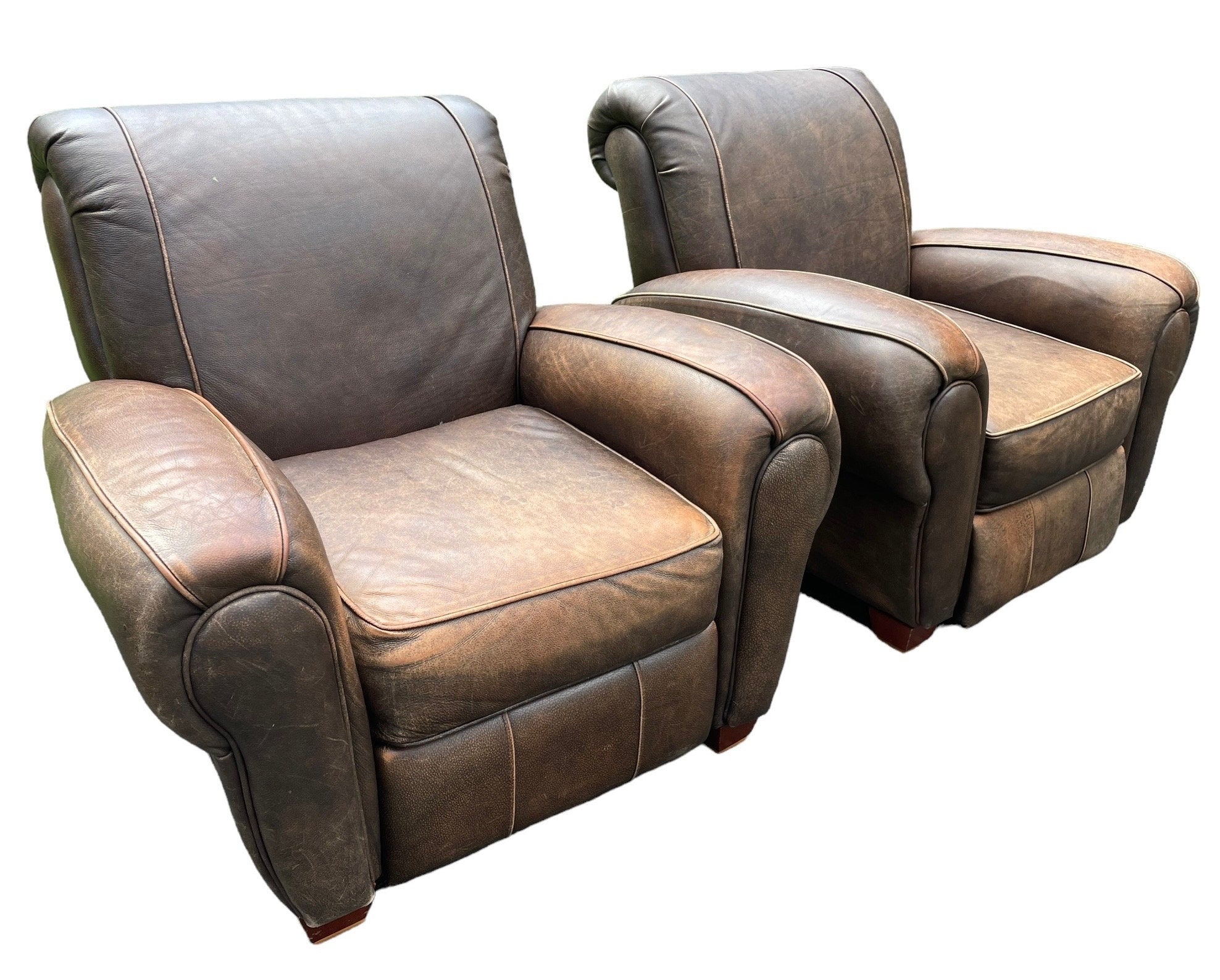 Leather Armchair Pair Klaussner Brand Recliners Restoration Hardware Style Ralph Lauren Style Armchairs Brown RECLINING