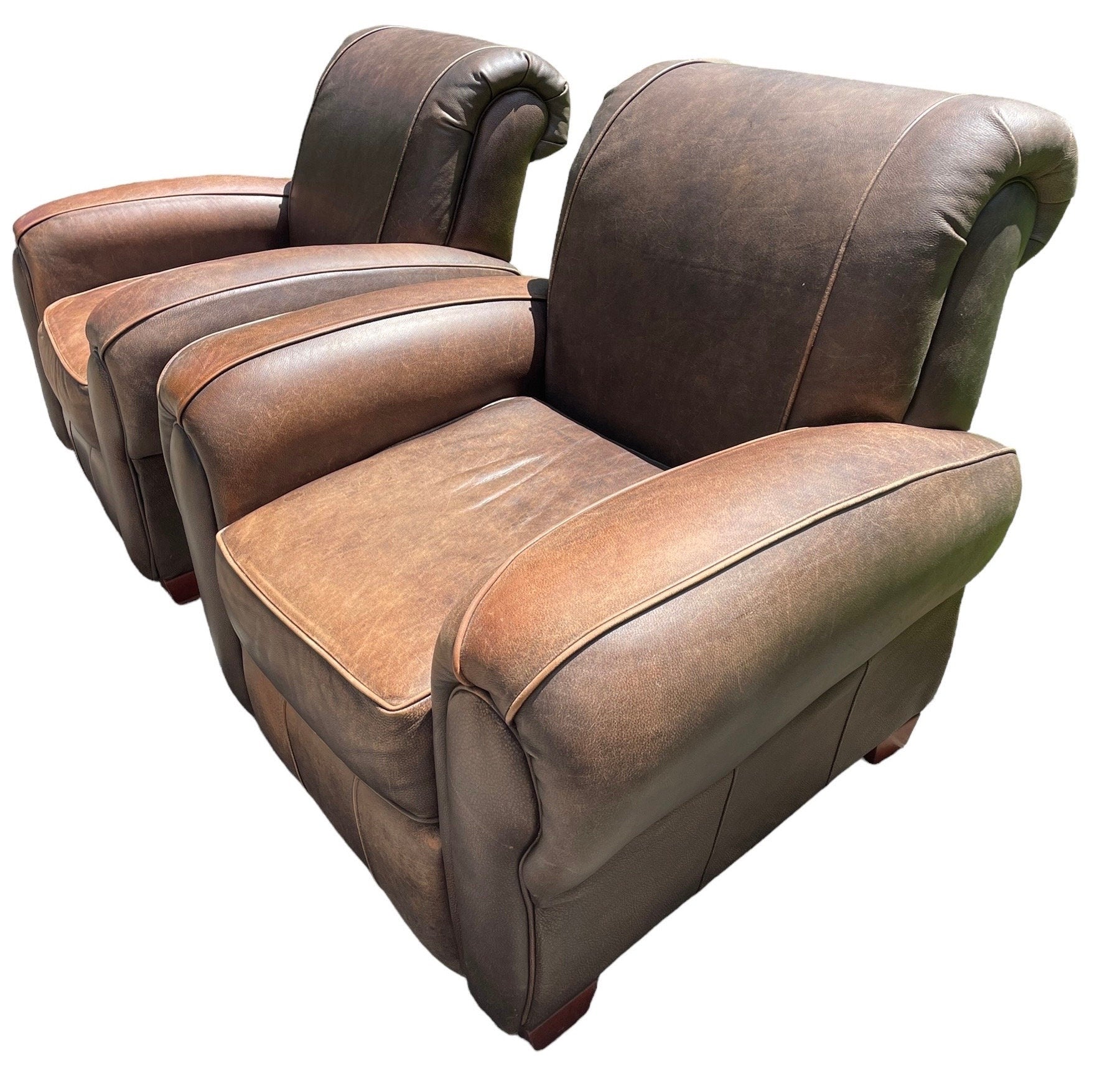 Leather Armchair Pair Klaussner Brand Recliners Restoration Hardware Style Ralph Lauren Style Armchairs Brown RECLINING