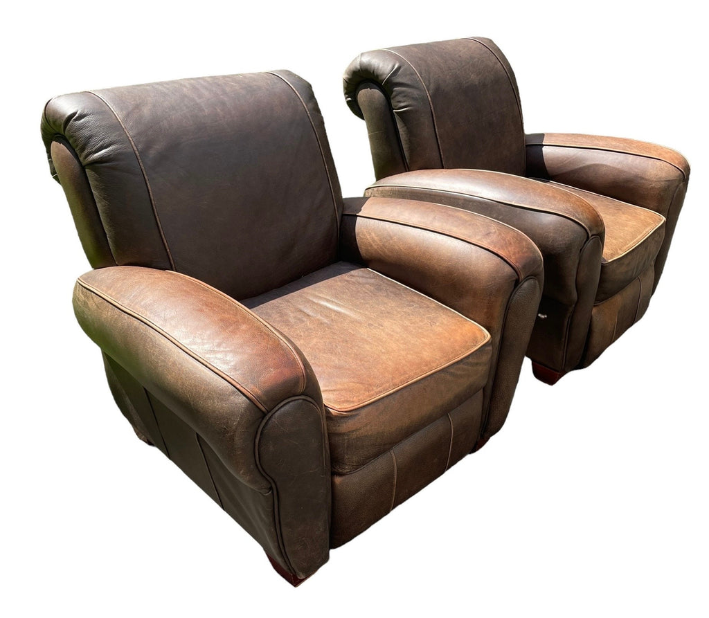 Leather Armchair Pair Klaussner Brand Recliners Restoration Hardware Style Ralph Lauren Style Armchairs Brown RECLINING