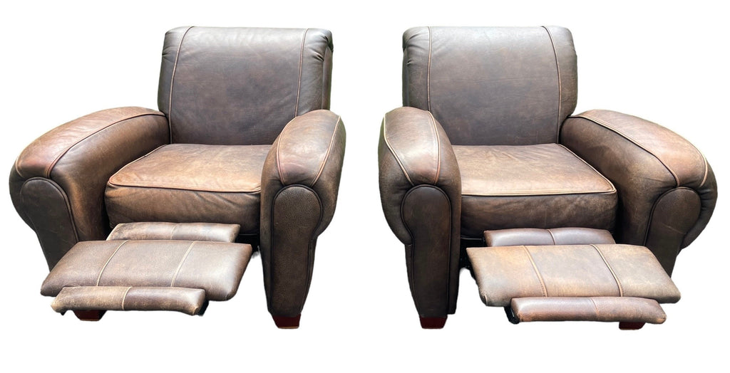 Leather Armchair Pair Klaussner Brand Recliners Restoration Hardware Style Ralph Lauren Style Armchairs Brown RECLINING
