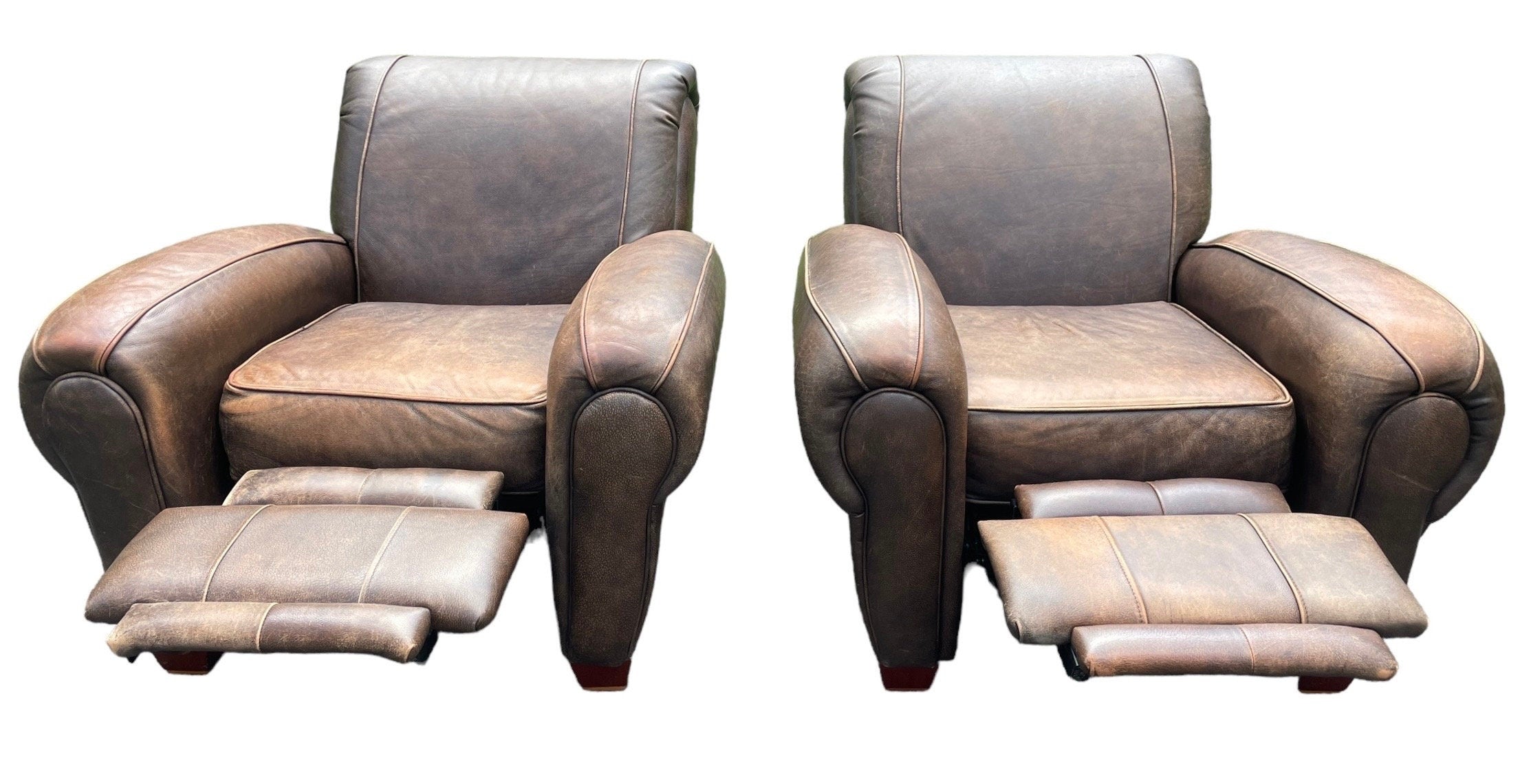 Leather Armchair Pair Klaussner Brand Recliners Restoration Hardware Style Ralph Lauren Style Armchairs Brown RECLINING