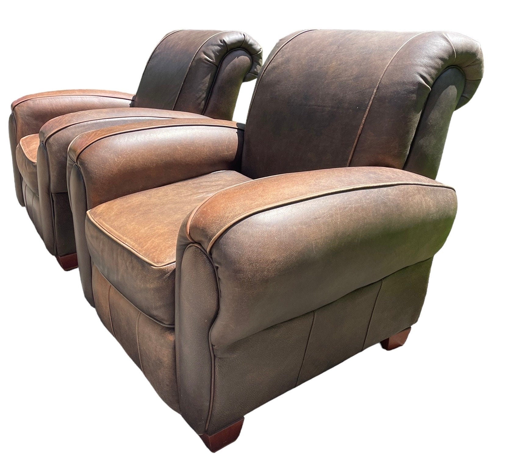 Leather Armchair Pair Klaussner Brand Recliners Restoration Hardware Style Ralph Lauren Style Armchairs Brown RECLINING