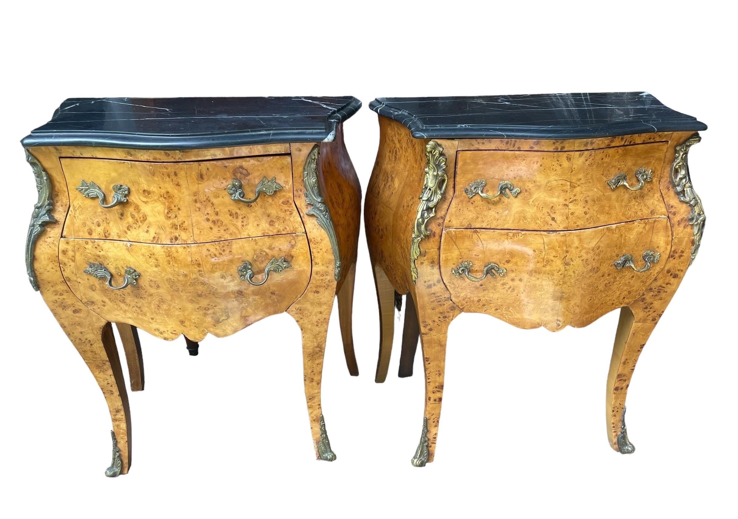 Pair Antique French Bombe Commode Chests Burlwood Black Marble-Top Brass Ormulu Louis XV Style Gilt Bronze Mounted Marquetry