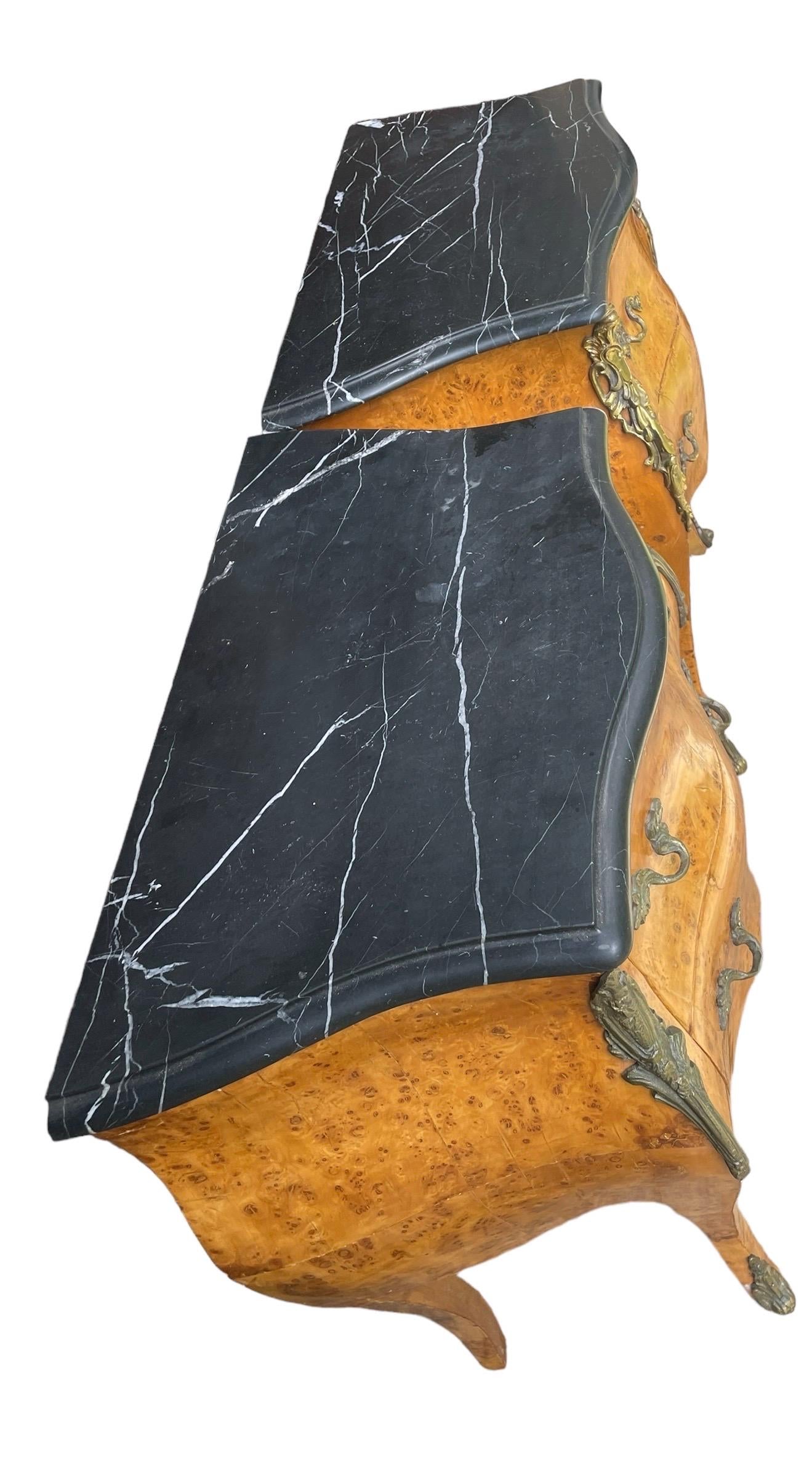 Pair Antique French Bombe Commode Chests Burlwood Black Marble-Top Brass Ormulu Louis XV Style Gilt Bronze Mounted Marquetry