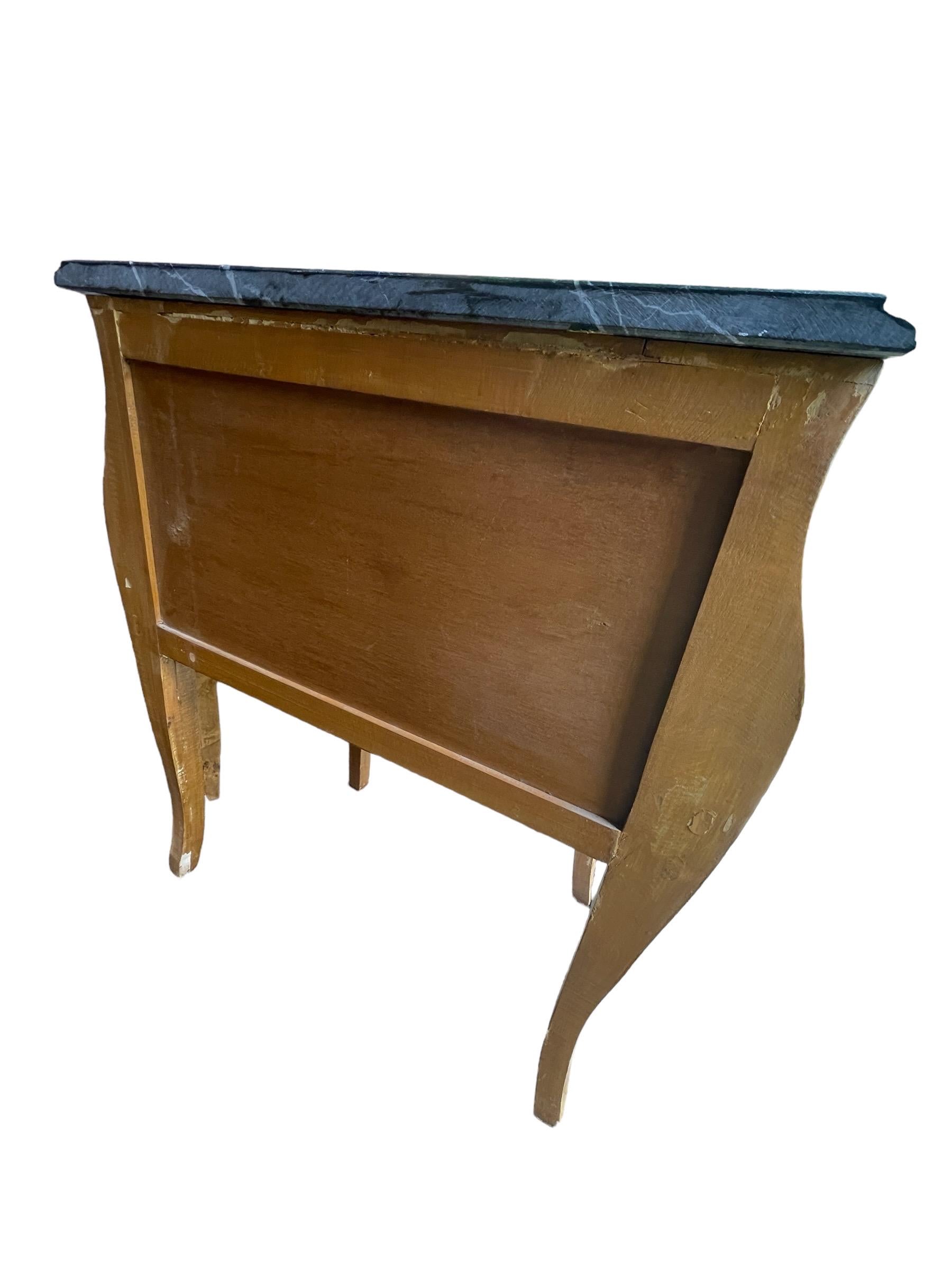 Pair Antique French Bombe Commode Chests Burlwood Black Marble-Top Brass Ormulu Louis XV Style Gilt Bronze Mounted Marquetry