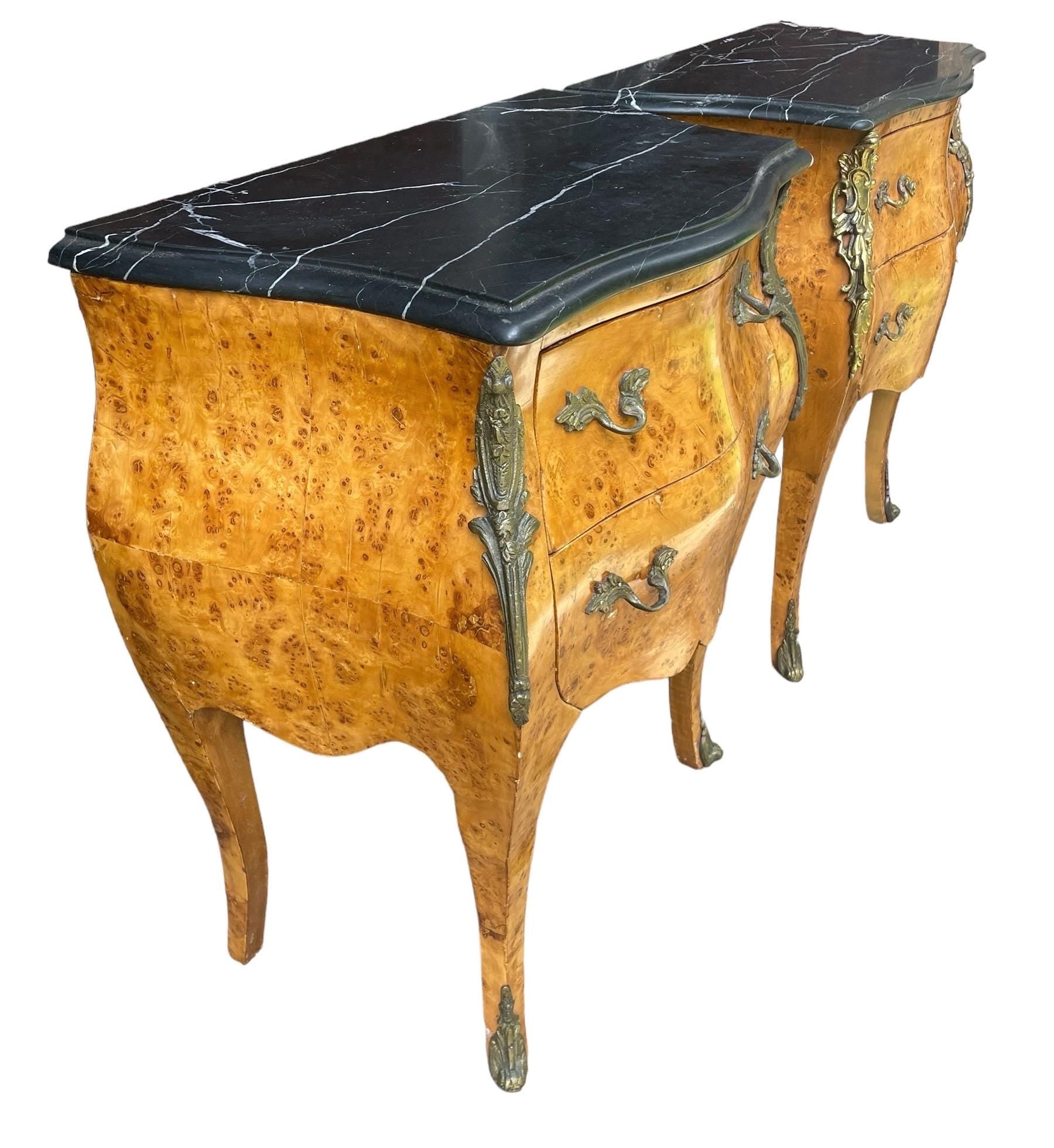 Pair Antique French Bombe Commode Chests Burlwood Black Marble-Top Brass Ormulu Louis XV Style Gilt Bronze Mounted Marquetry