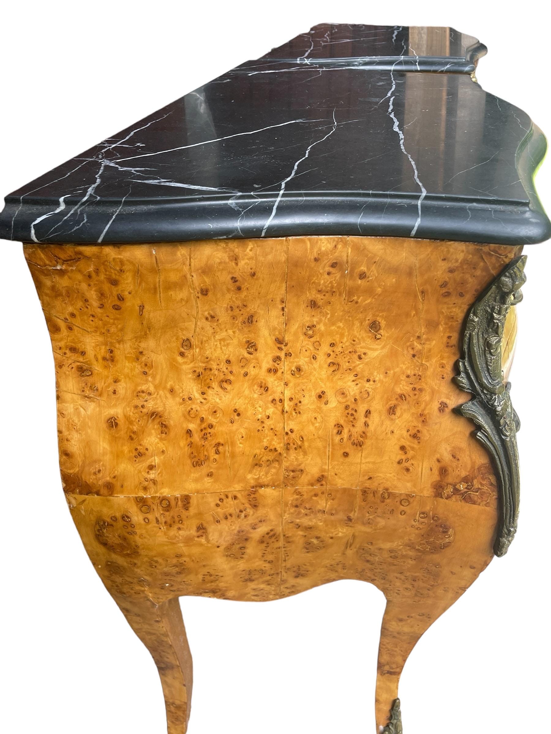 Pair Antique French Bombe Commode Chests Burlwood Black Marble-Top Brass Ormulu Louis XV Style Gilt Bronze Mounted Marquetry