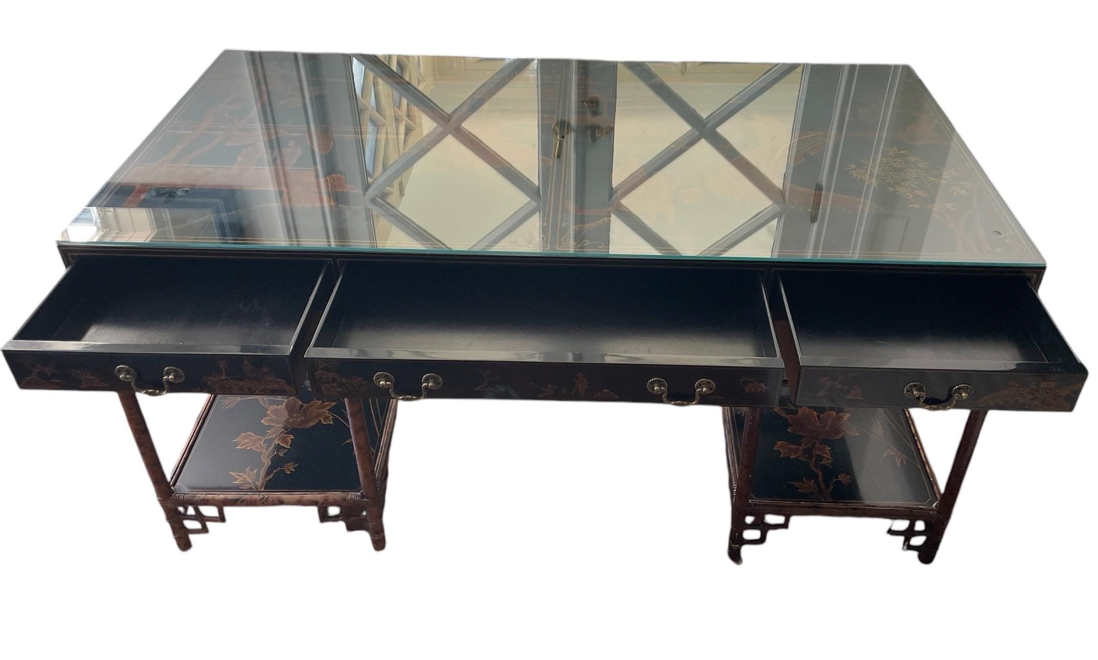 Maitland Smith Desk Chinoiserie Entryway Table Vintage Lacquer Bamboo Desk Hollywood Regency Style Leather Wrapped Bamboo Finish