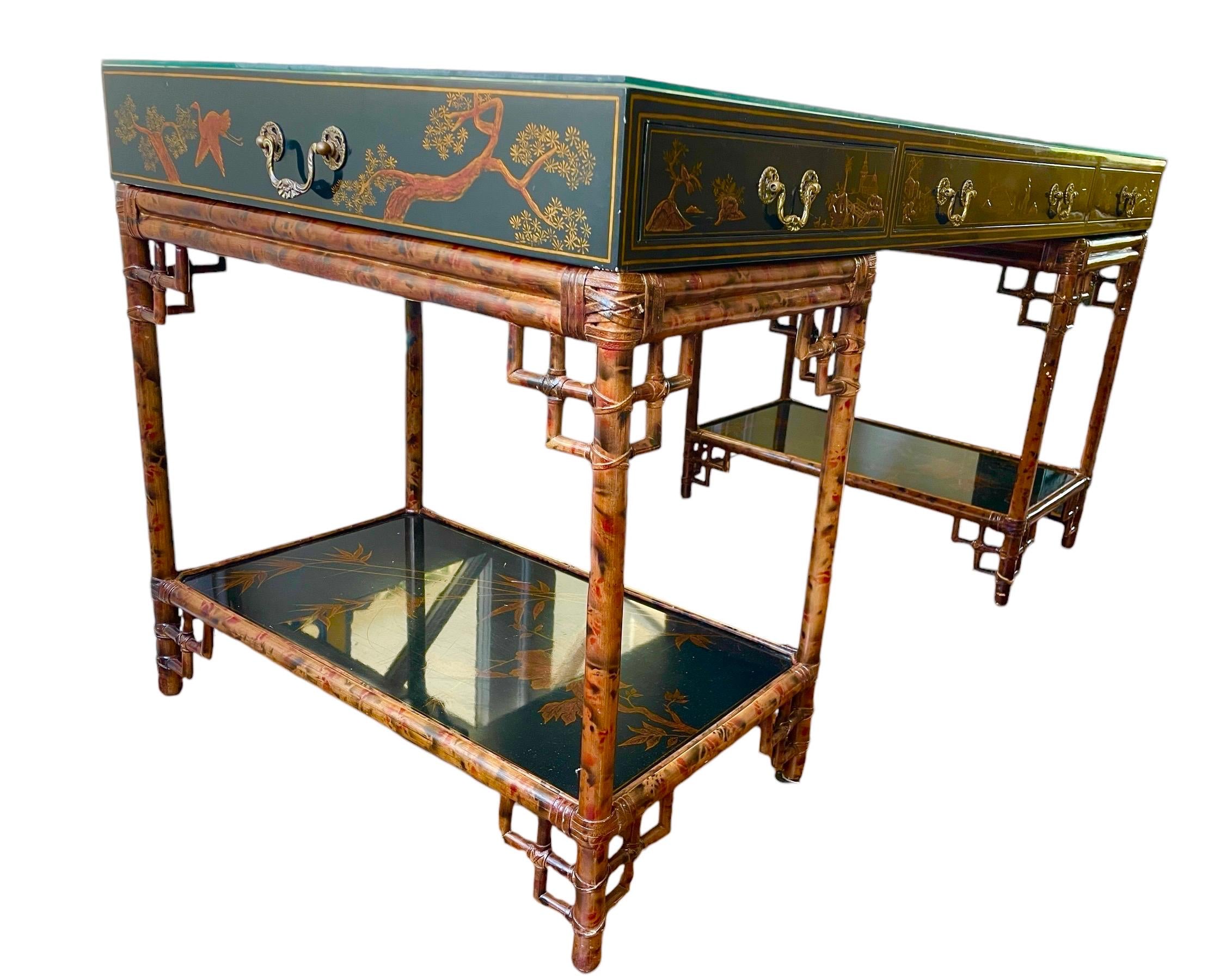 Maitland Smith Desk Chinoiserie Entryway Table Vintage Lacquer Bamboo Desk Hollywood Regency Style Leather Wrapped Bamboo Finish