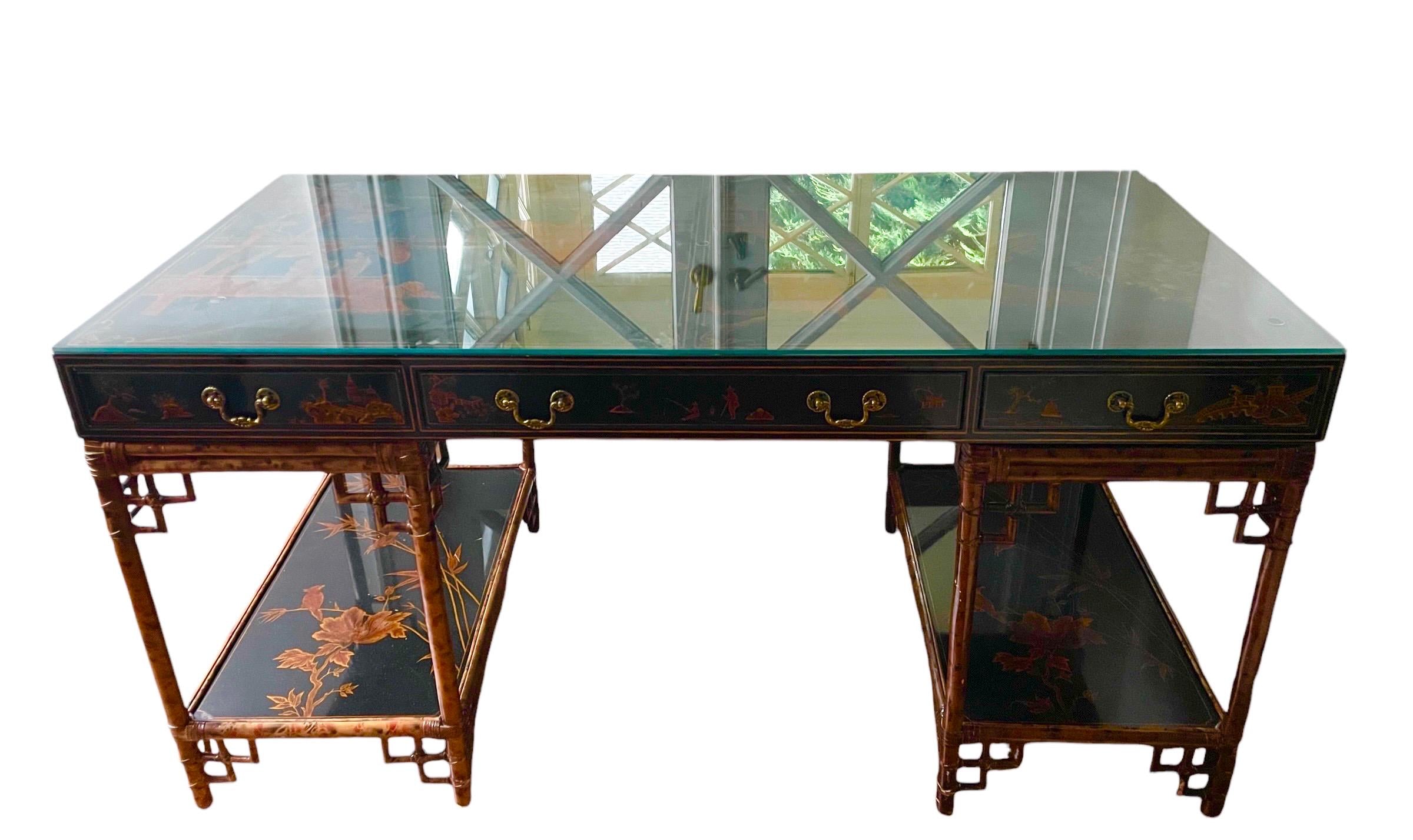 Maitland Smith Desk Chinoiserie Entryway Table Vintage Lacquer Bamboo Desk Hollywood Regency Style Leather Wrapped Bamboo Finish