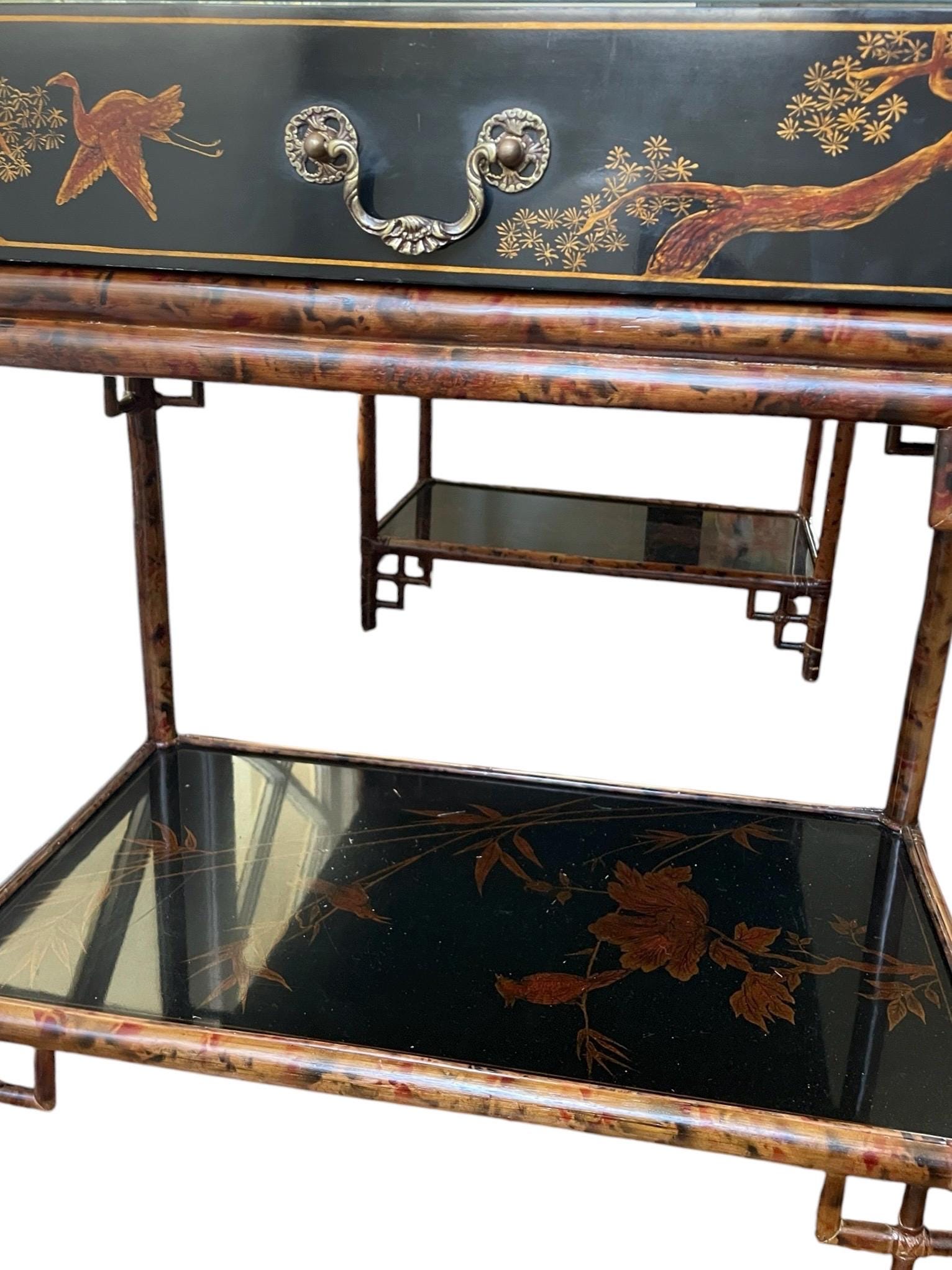 Maitland Smith Desk Chinoiserie Entryway Table Vintage Lacquer Bamboo Desk Hollywood Regency Style Leather Wrapped Bamboo Finish