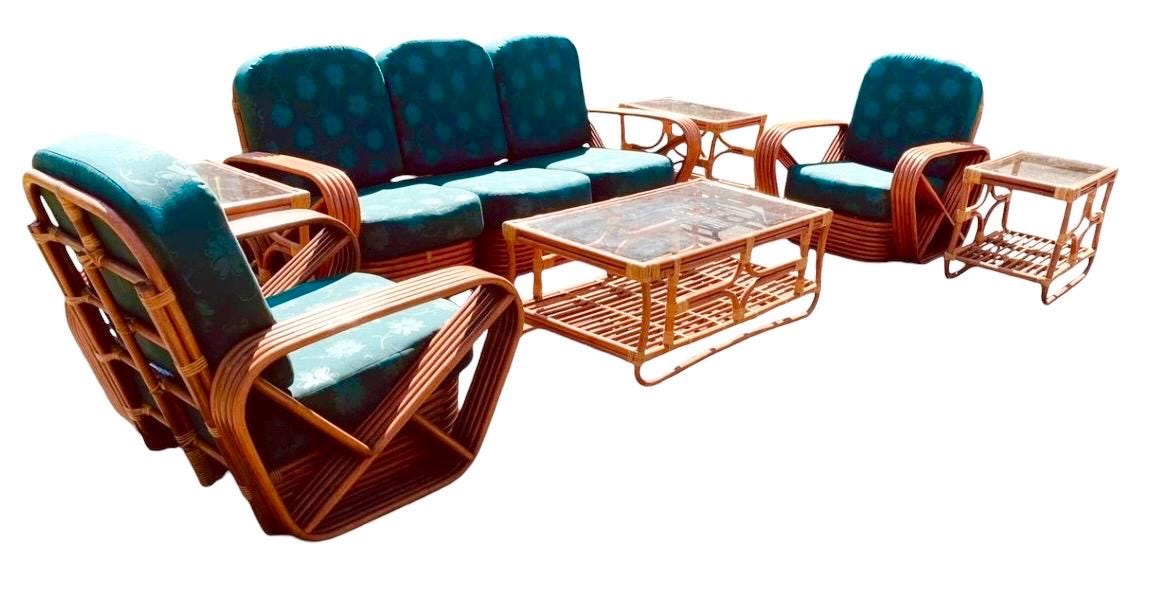 Paul Frankl Pretzel Patio Set Vintage 5 Strand Rattan Midcentury Modern Iconic Pretzel Patio Set Midcentury Modern Porch Furniture