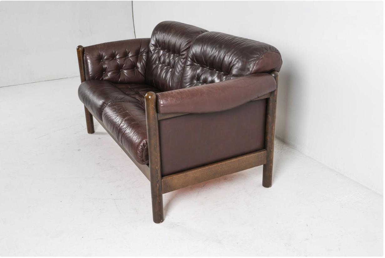 Vintage Brown Leather Couch Tufted Midcentury Danish Beech and Leather Sofa Style of Percival Lafer Brown Leather Sofa MCM