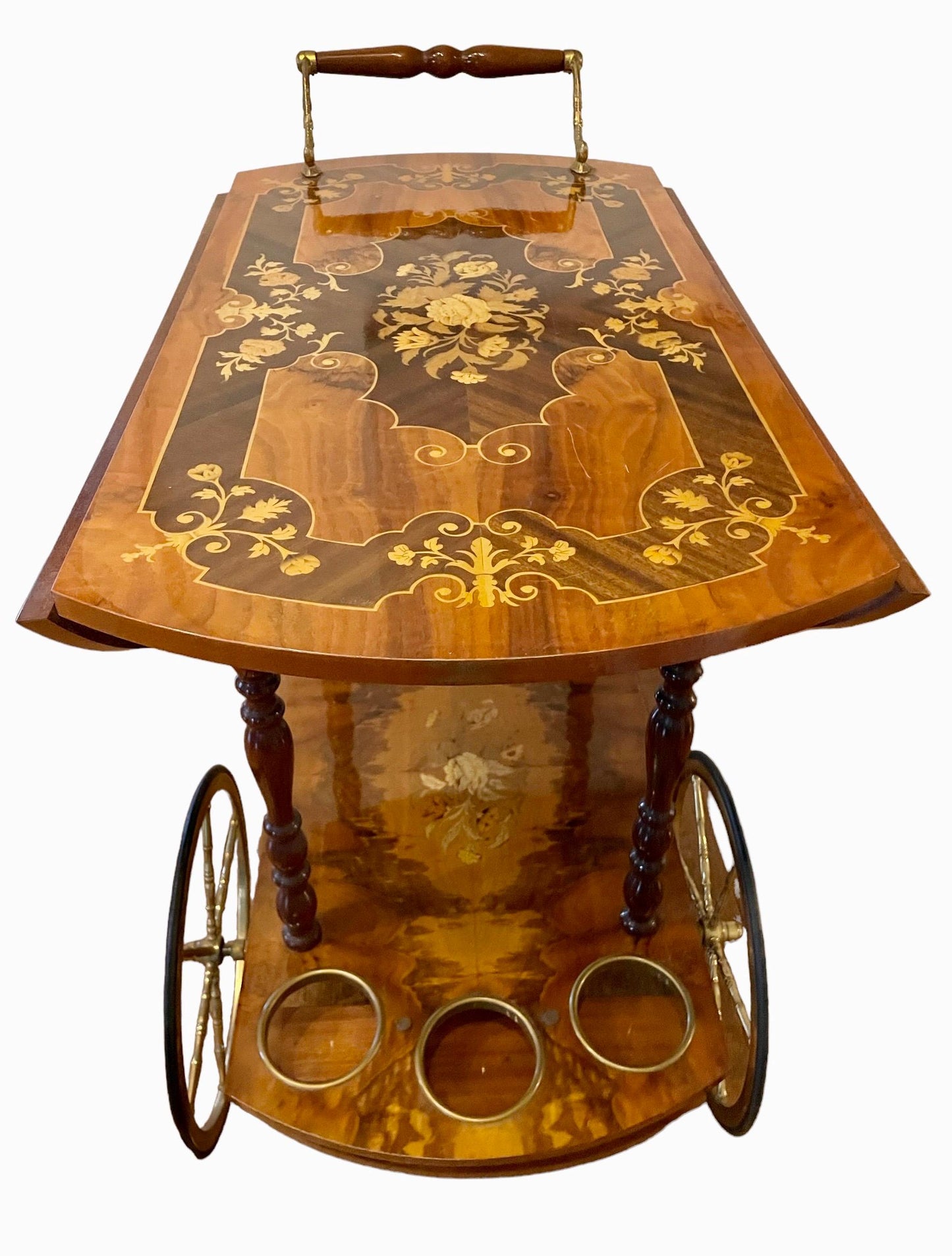 Vintage Italian Brass Marquetry Bar Cart Hollywood Regency Bar cart Mid 20th Century Dessert Cart