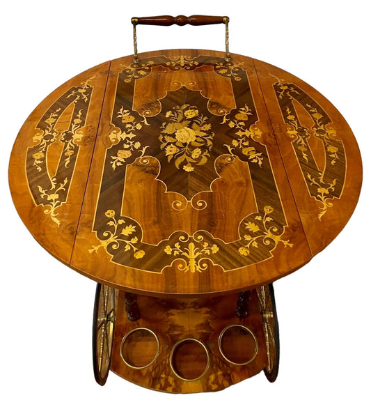 Vintage Italian Brass Marquetry Bar Cart Hollywood Regency Bar cart Mid 20th Century Dessert Cart