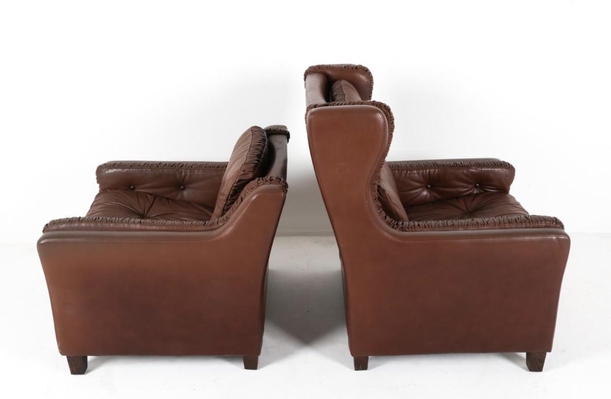Pair Leather Armchairs Brown Leather Winged Back Arm Chairs in the Style of Børge Mogensen Danish Armchairs Brown Leather Pair