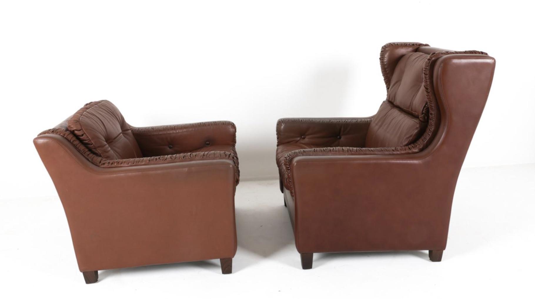 Pair Leather Armchairs Brown Leather Winged Back Arm Chairs in the Style of Børge Mogensen Danish Armchairs Brown Leather Pair