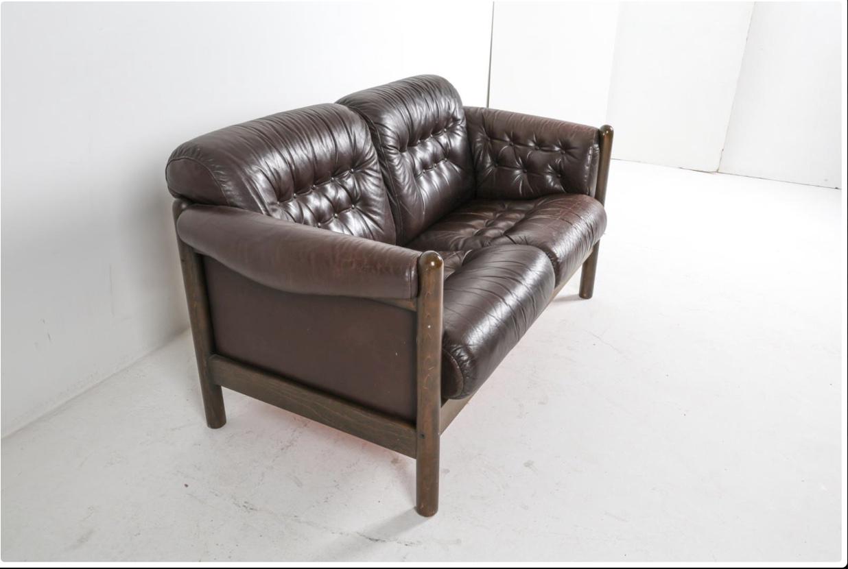Vintage Brown Leather Couch Tufted Midcentury Danish Beech and Leather Sofa Style of Percival Lafer Brown Leather Sofa MCM