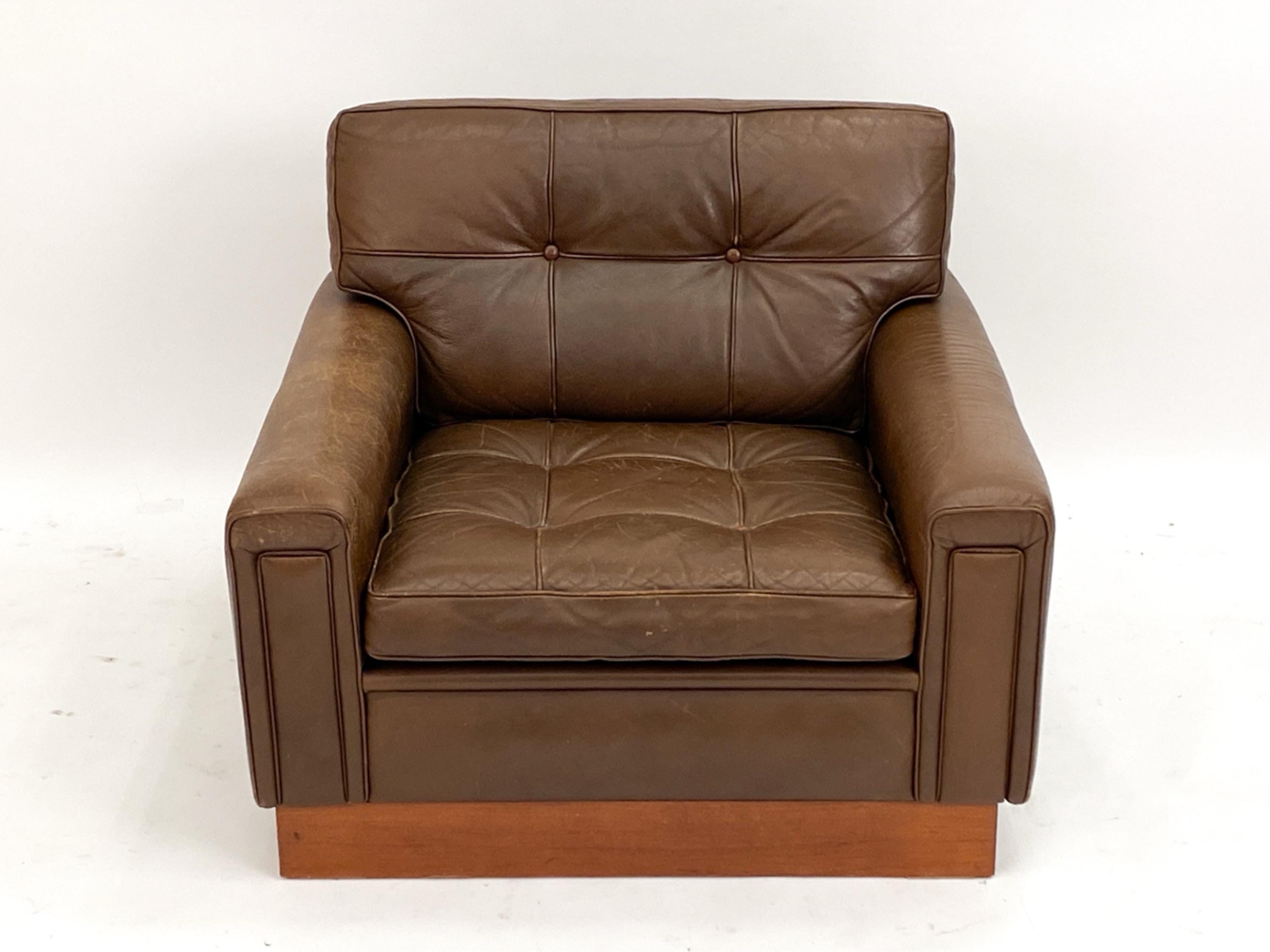 Brown Leather Armchair, Midcentury Modern Style, Swedish Design
