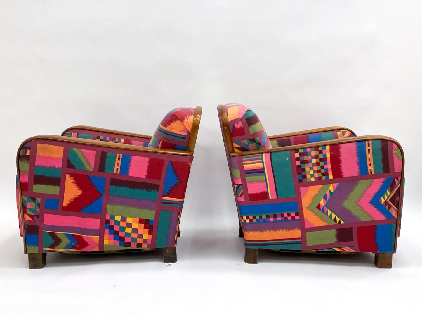 Art Deco Pair of Club Chairs with Teak Armrests and Iconic Upholstery