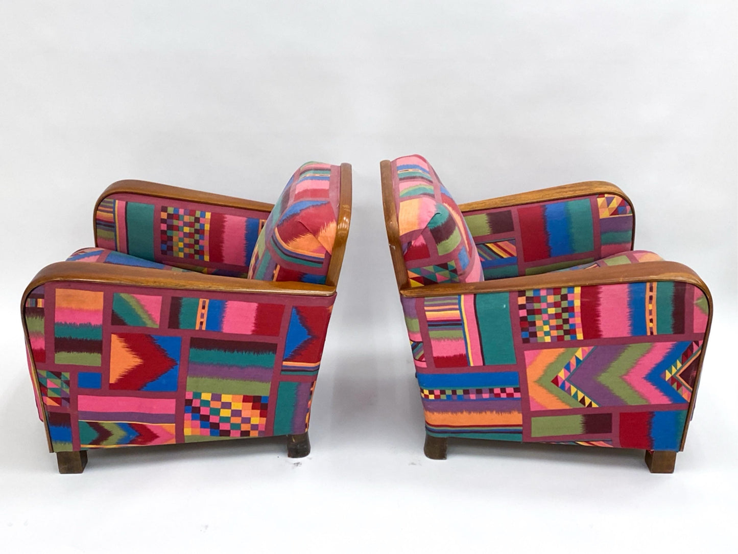 Art Deco Pair of Club Chairs with Teak Armrests and Iconic Upholstery