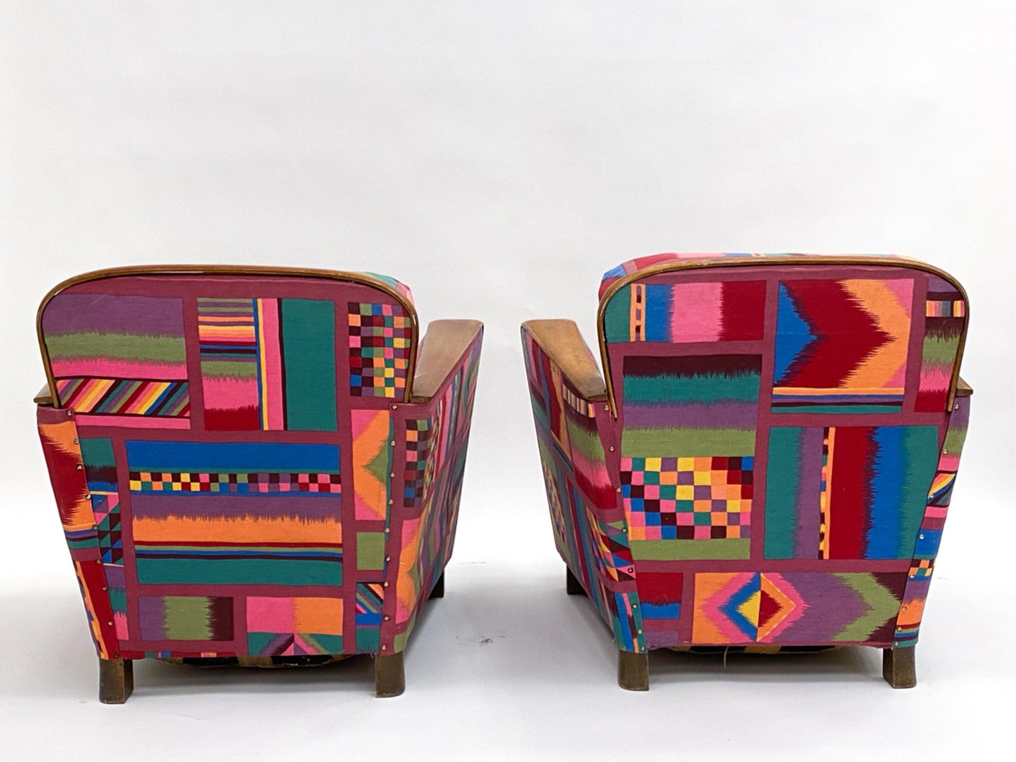 Art Deco Pair of Club Chairs with Teak Armrests and Iconic Upholstery