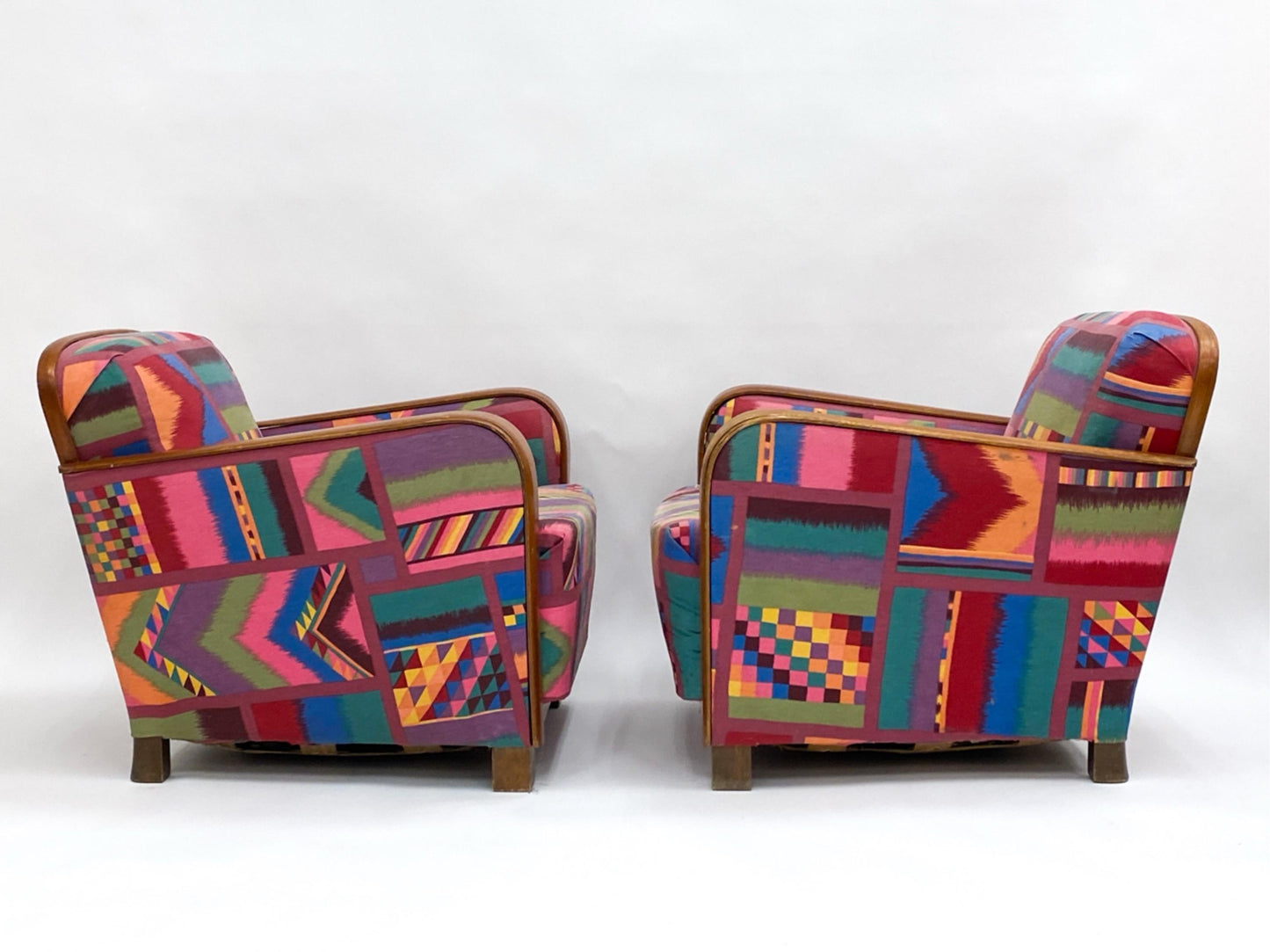 Art Deco Pair of Club Chairs with Teak Armrests and Iconic Upholstery