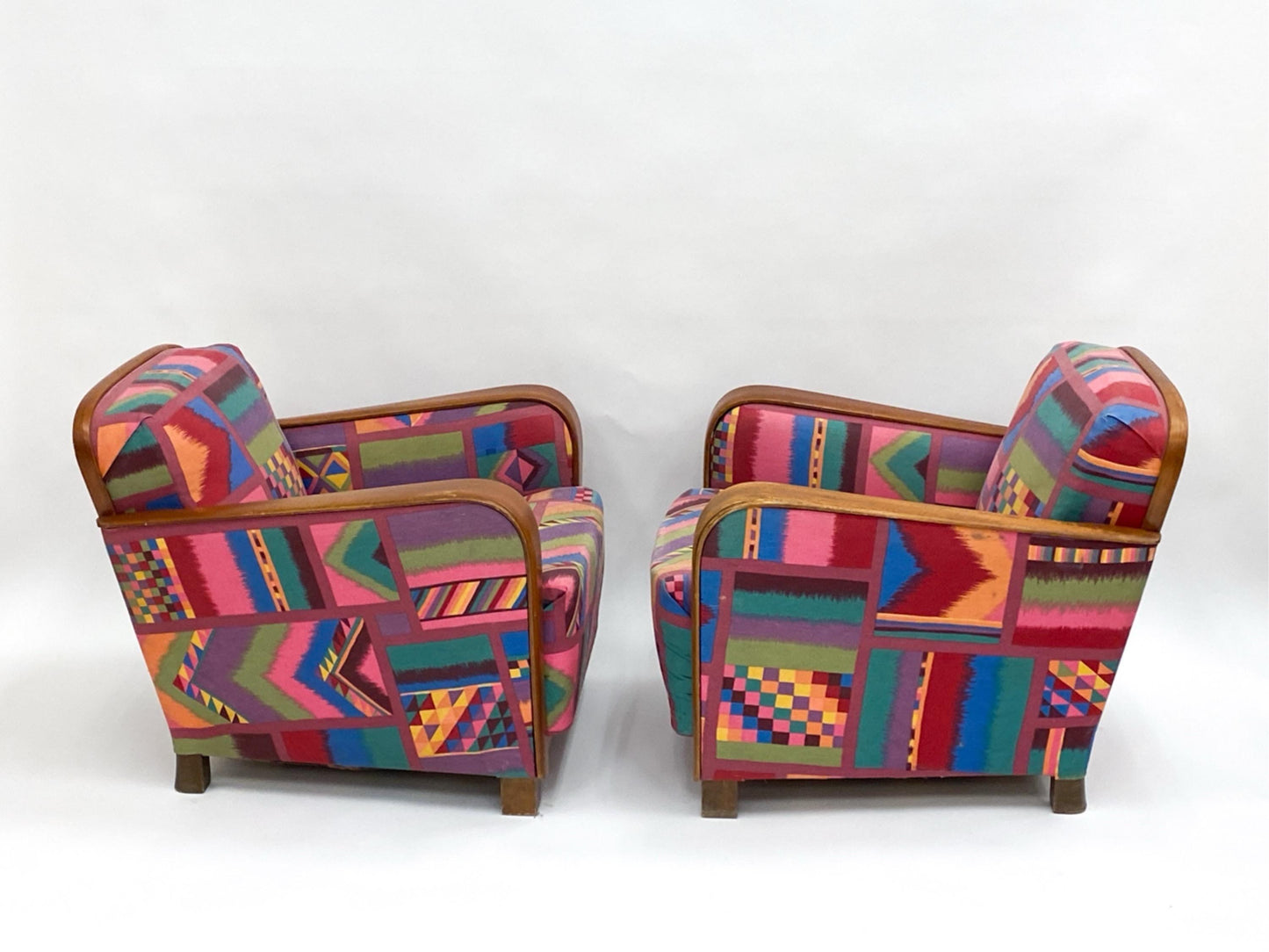 Art Deco Pair of Club Chairs with Teak Armrests and Iconic Upholstery