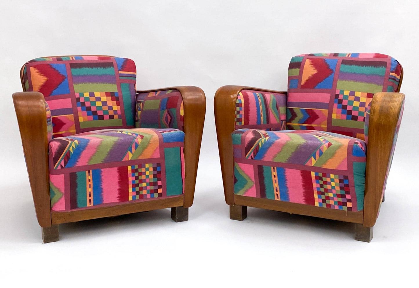 Art Deco Pair of Club Chairs with Teak Armrests and Iconic Upholstery