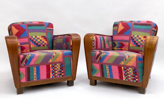 Art Deco Pair of Club Chairs with Teak Armrests and Iconic Upholstery