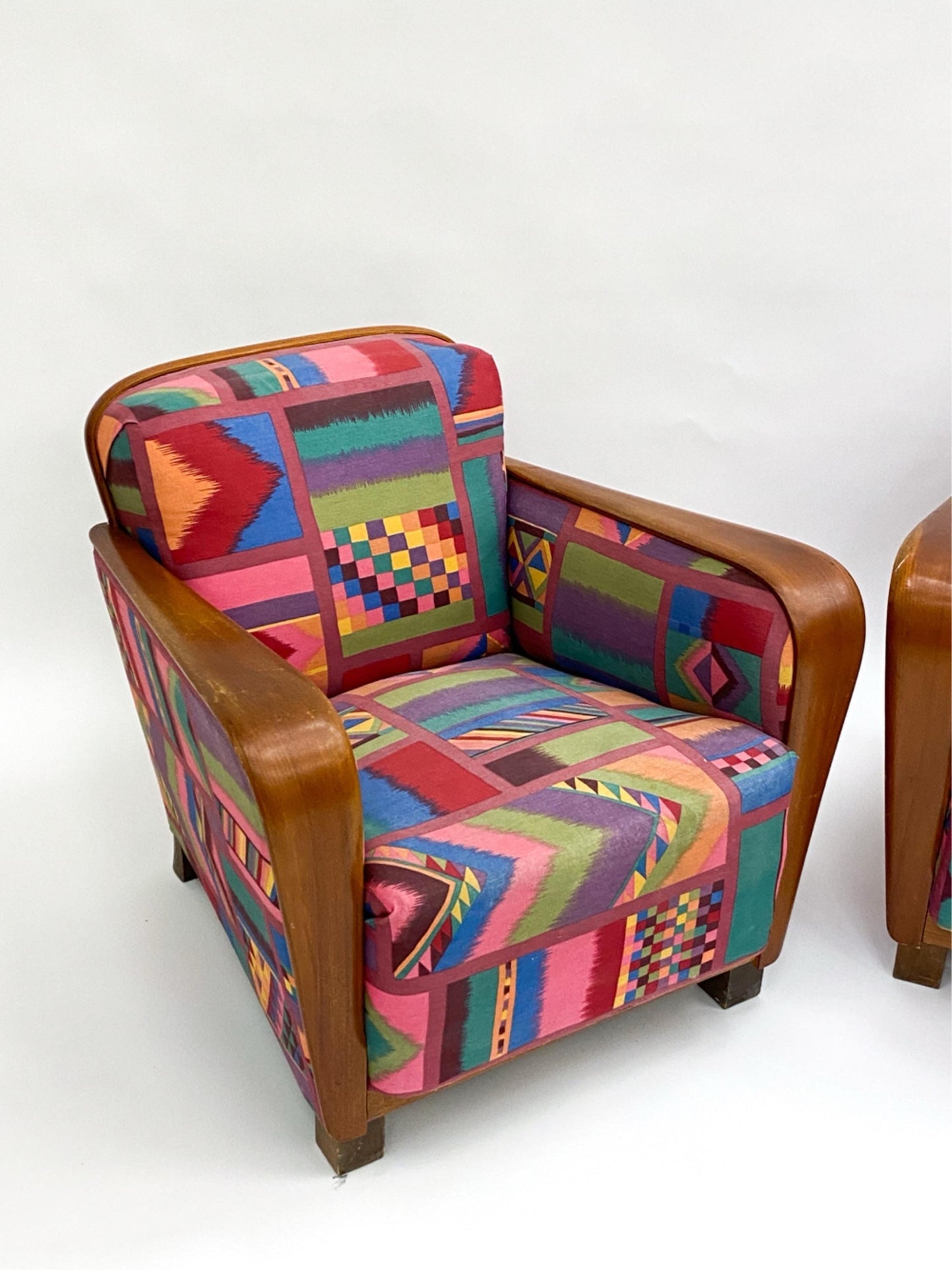 Art Deco Pair of Club Chairs with Teak Armrests and Iconic Upholstery