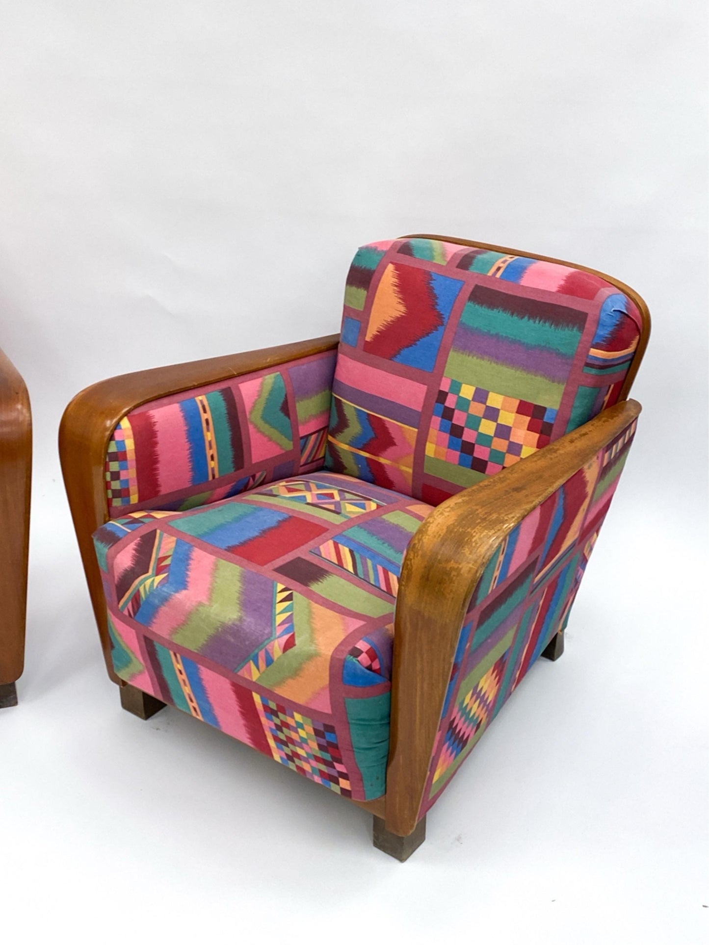 Art Deco Pair of Club Chairs with Teak Armrests and Iconic Upholstery